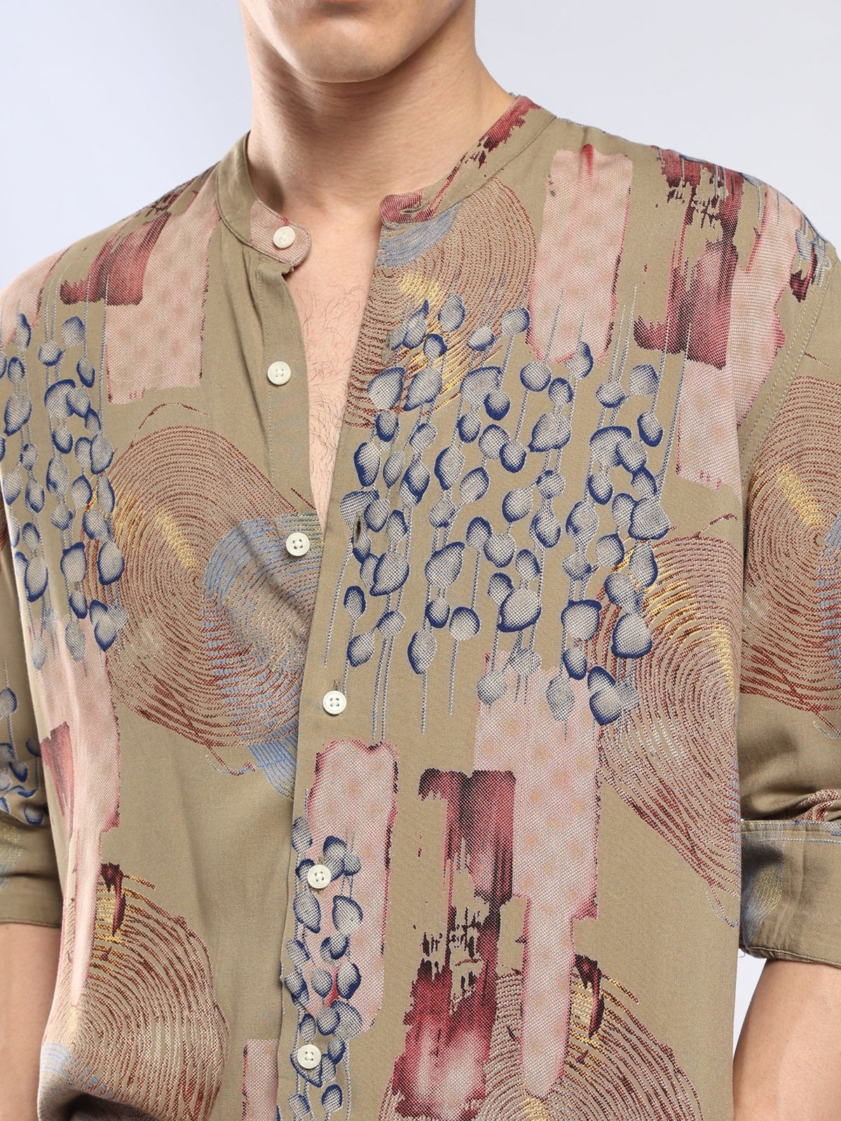 Xisoni - Abstract Printed Mandarin Collar Shirt - Light Olive - Espanshe