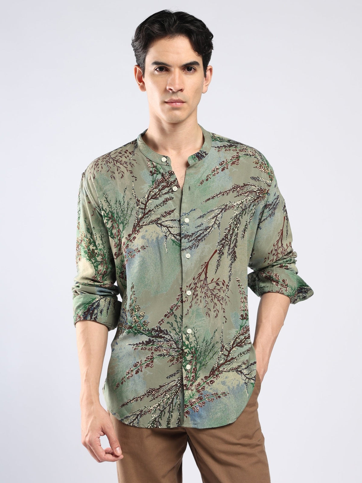 Xisoni - Abstract Printed Mandarin Collar Shirt - Moss Green - Espanshe