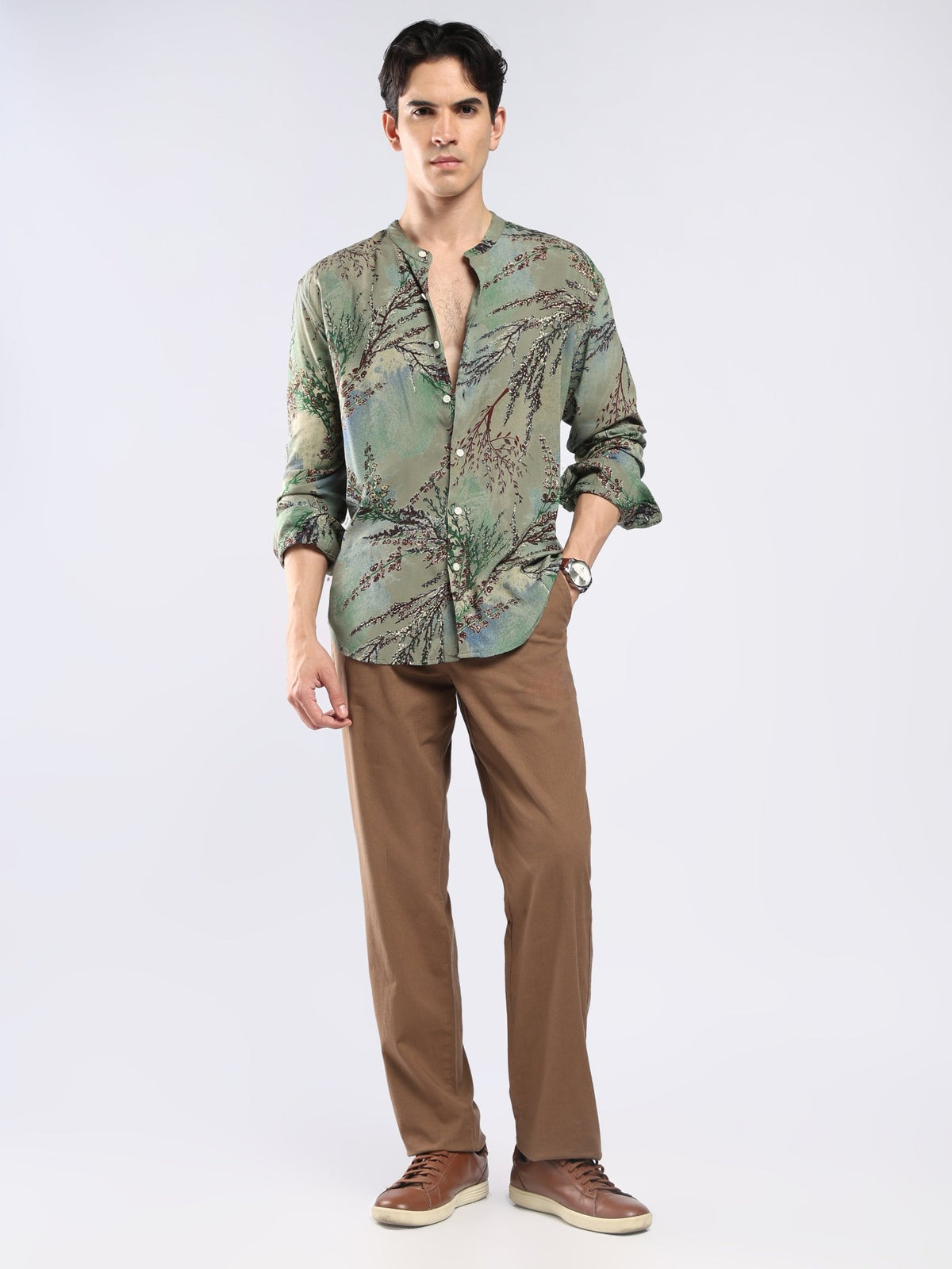 Xisoni - Abstract Printed Mandarin Collar Shirt - Moss Green - Espanshe