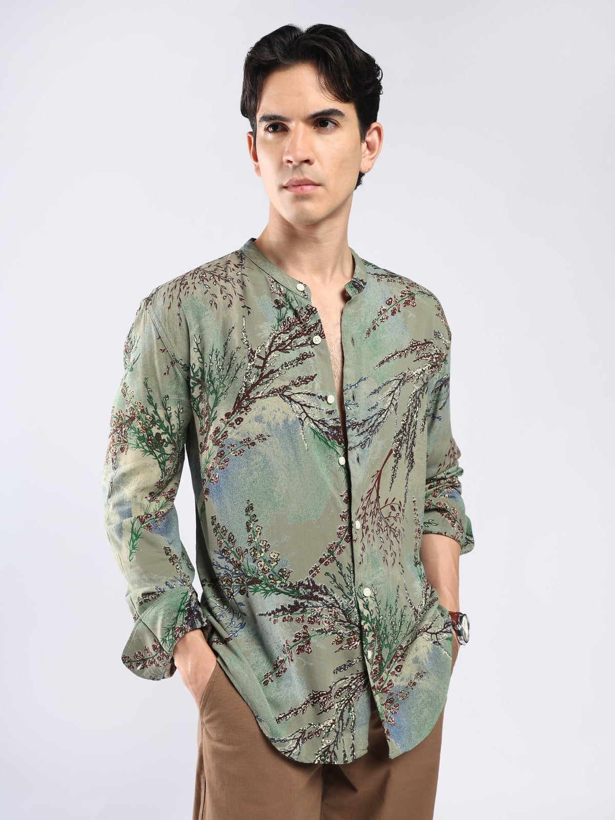 Xisoni - Abstract Printed Mandarin Collar Shirt - Moss Green - Espanshe