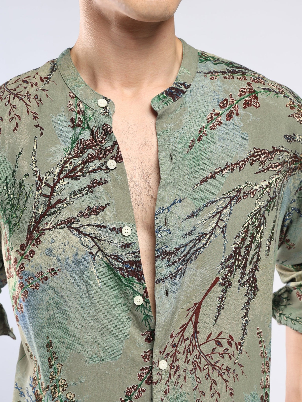 Xisoni - Abstract Printed Mandarin Collar Shirt - Moss Green - Espanshe
