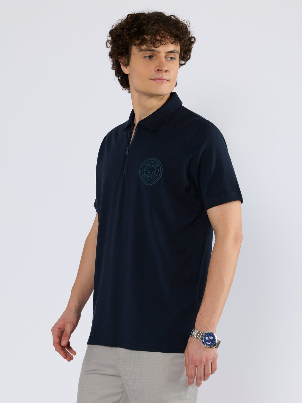 Yelitude - Solid Zipper Polo T-shirt - Navy Blue - Espanshe