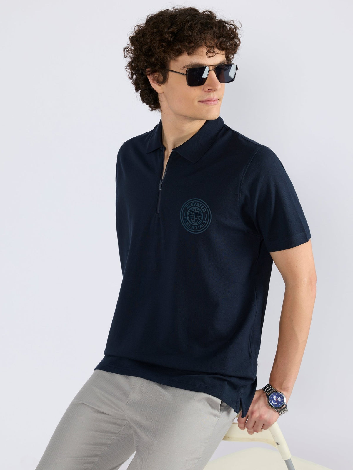 Yelitude - Solid Zipper Polo T-shirt - Navy Blue - Espanshe