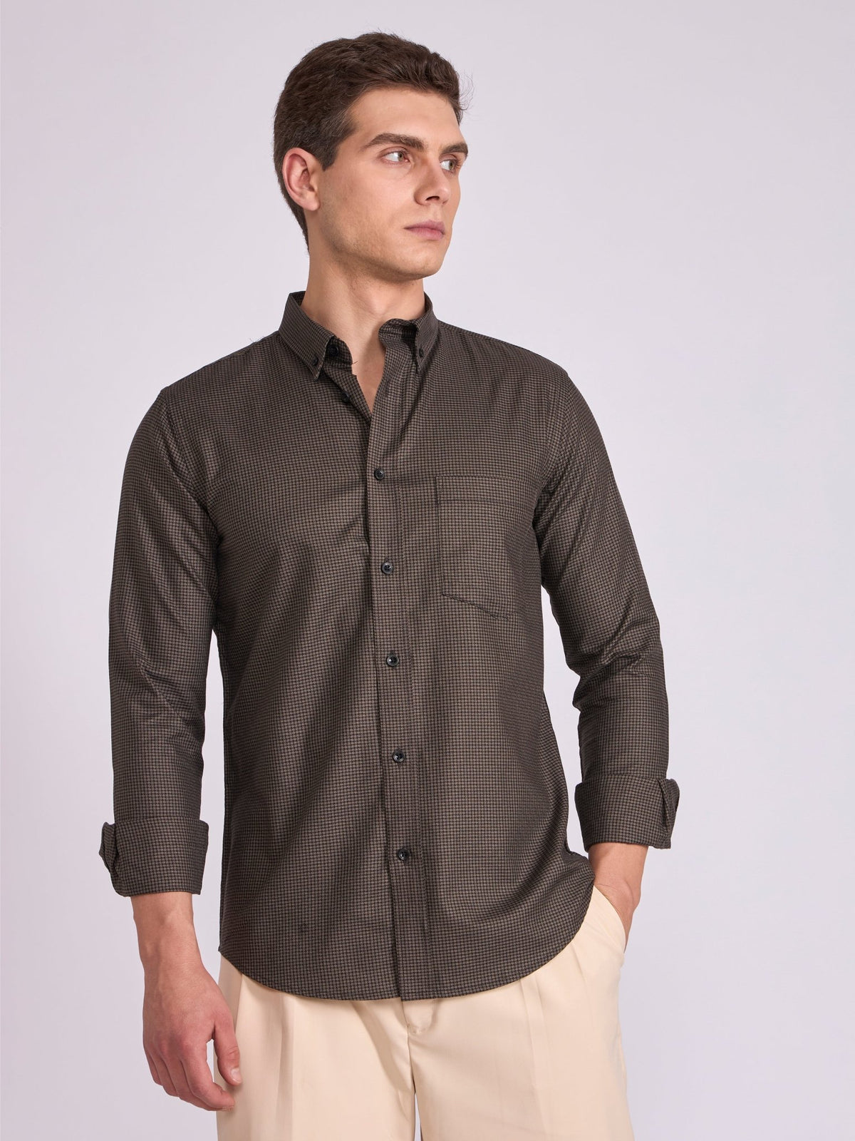 Quint - Micro Houndstooth Shirt - Rich Brown - Espanshe