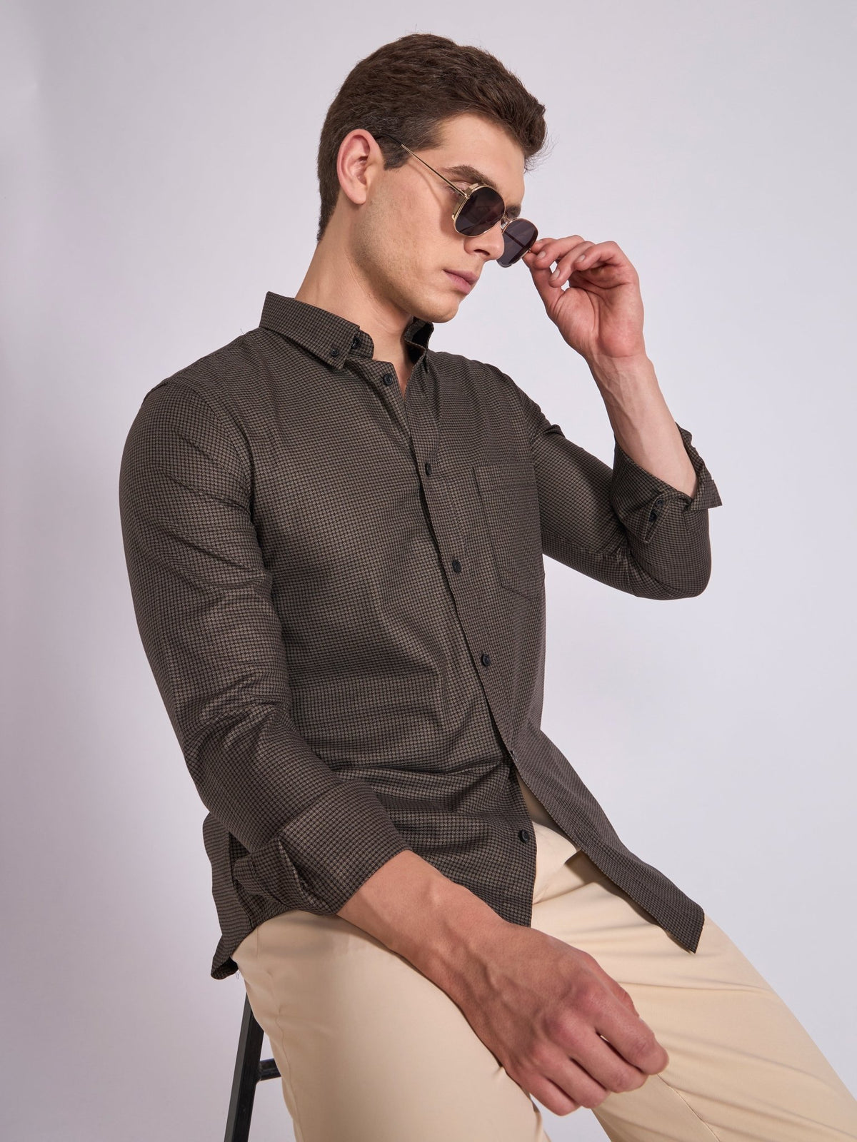 Quint - Micro Houndstooth Shirt - Rich Brown - Espanshe