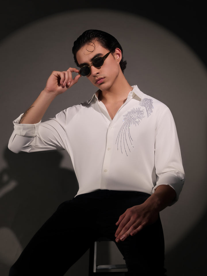 men's  shirt -celestial spark Embellished with stone- white