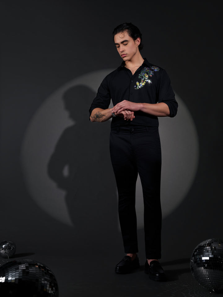 men's shirt-  Floral Design Embellished Shirt - black