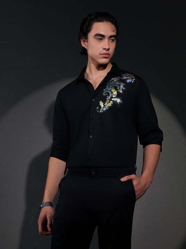 Osmond - Floral Design Embellished Shirt - Black