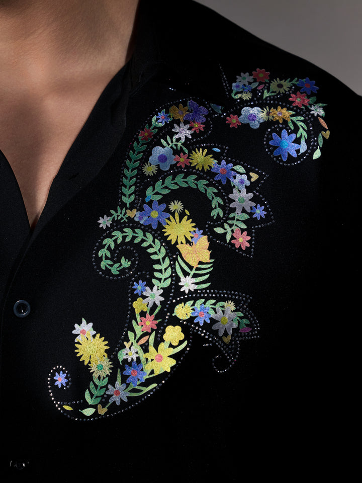 men's shirt-  Floral Design Embellished Shirt - black