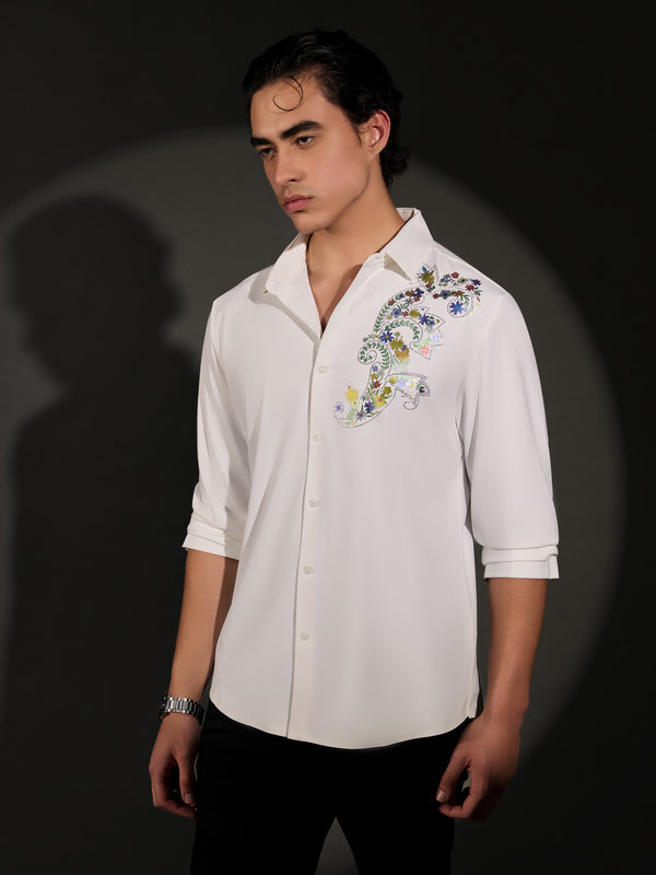 Osmond - Floral Design Embellished Shirt -  White