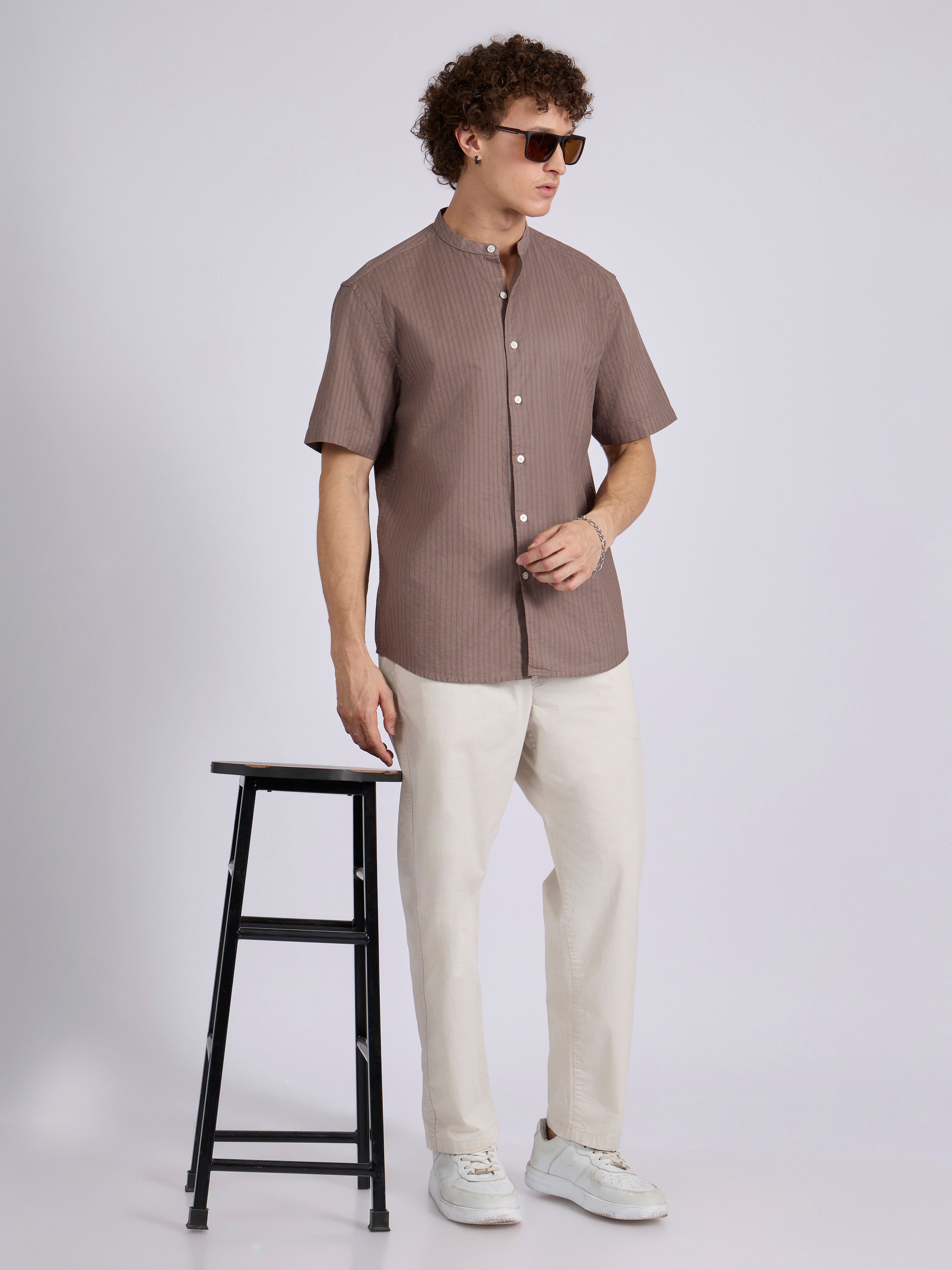 Men's Band Collar Striped Shirt - Dusty Mauve