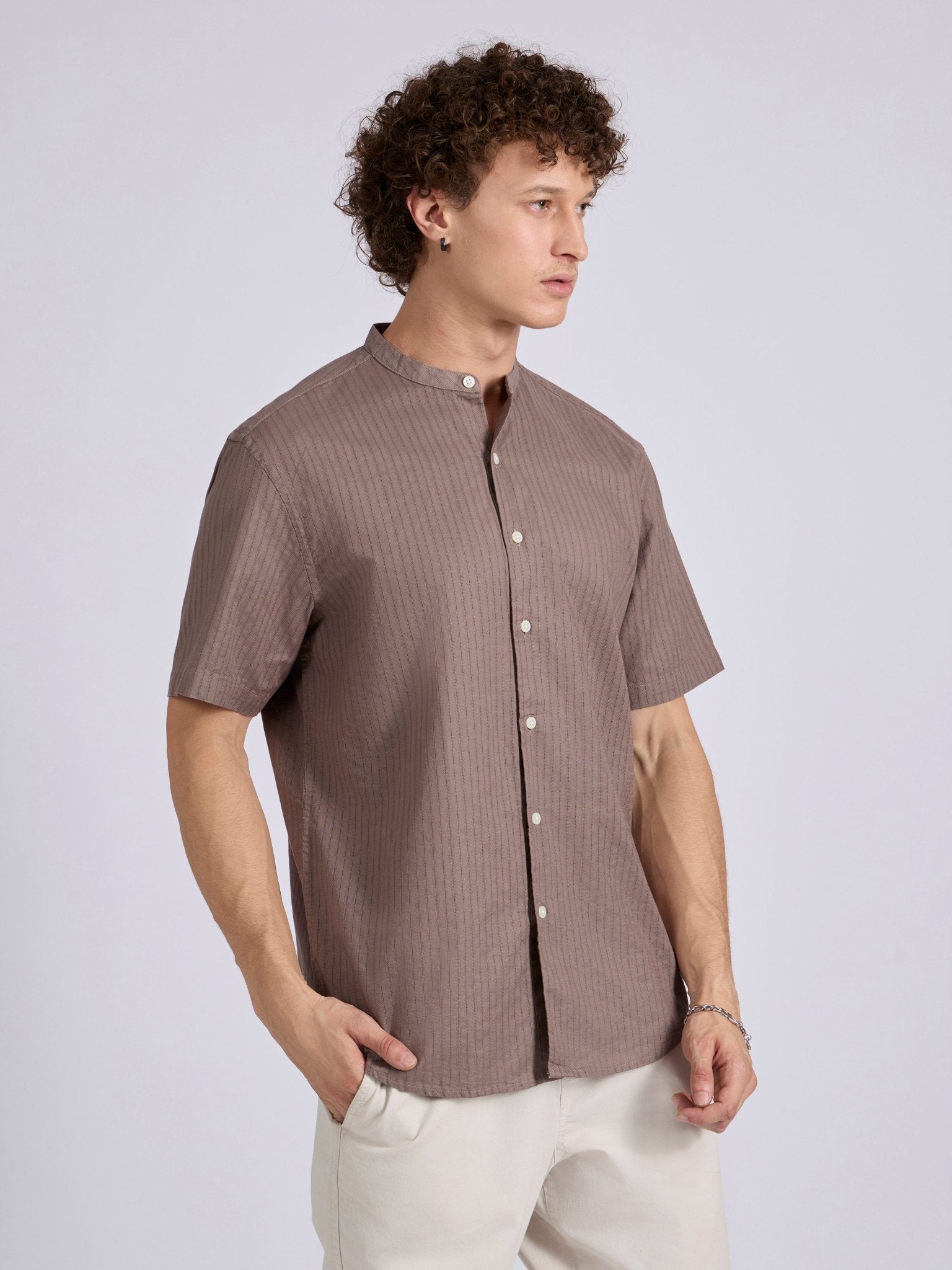 Zabriel - Band Collar Striped Shirt - Dusty Mauve - Espanshe