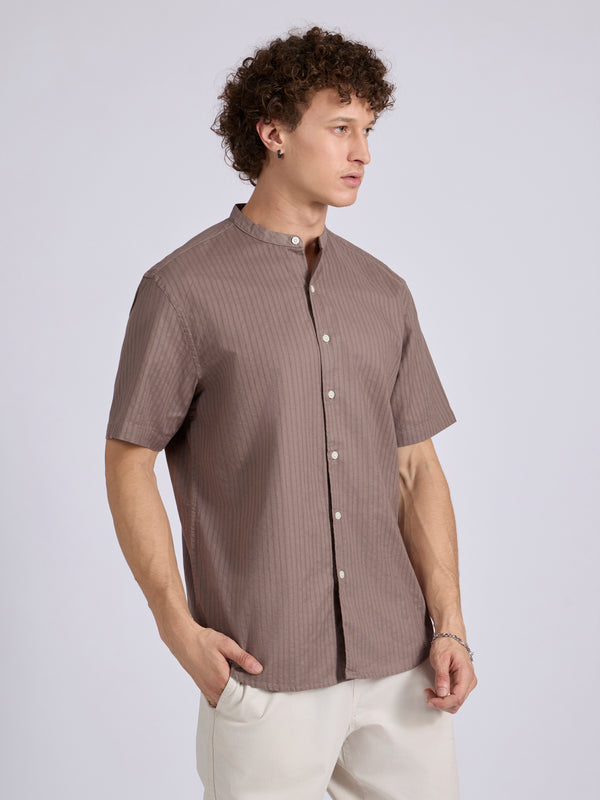 Zabriel - Band Collar Striped Shirt - Dusty Mauve