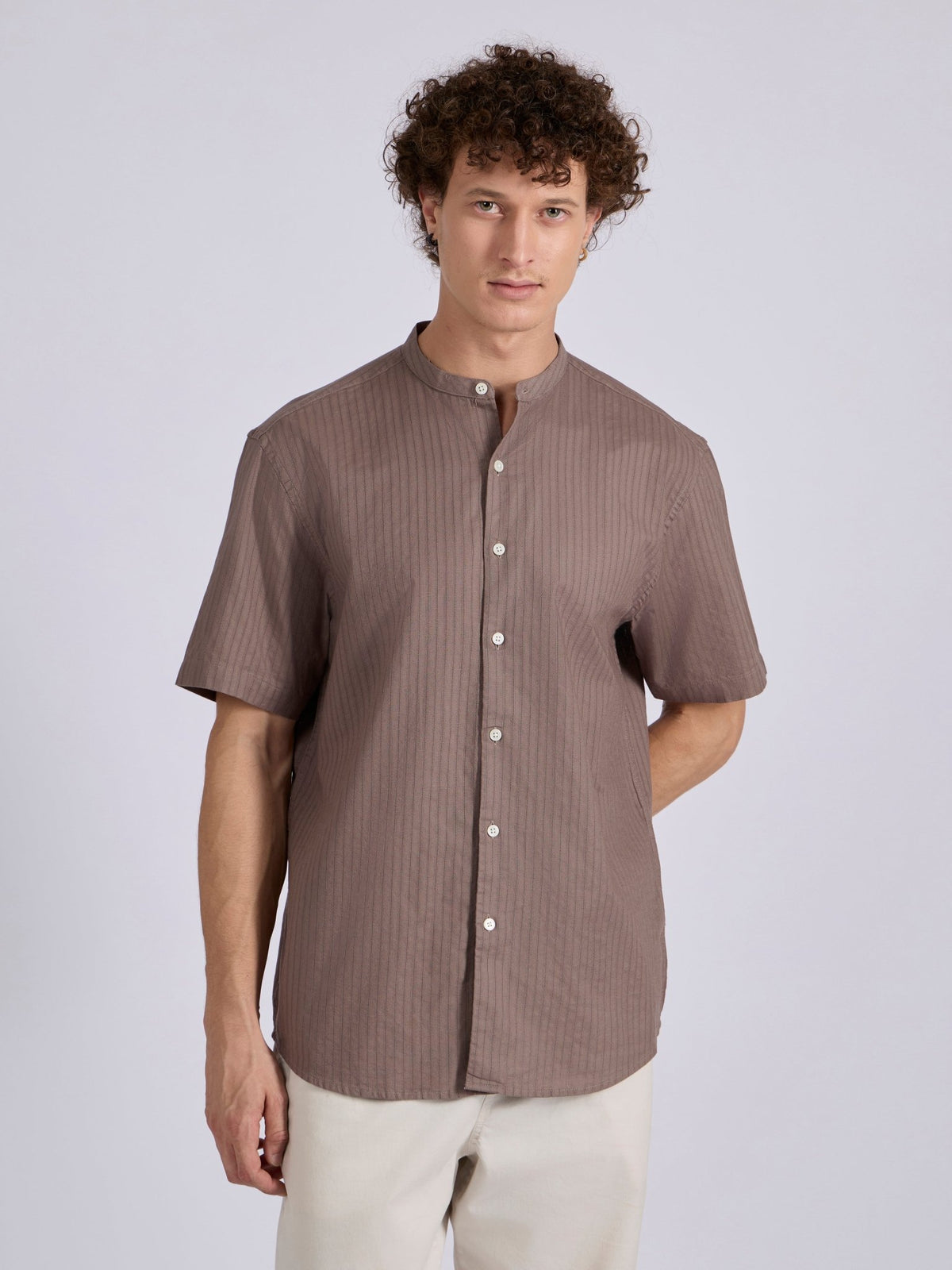 Zabriel - Band Collar Striped Shirt - Dusty Mauve - Espanshe