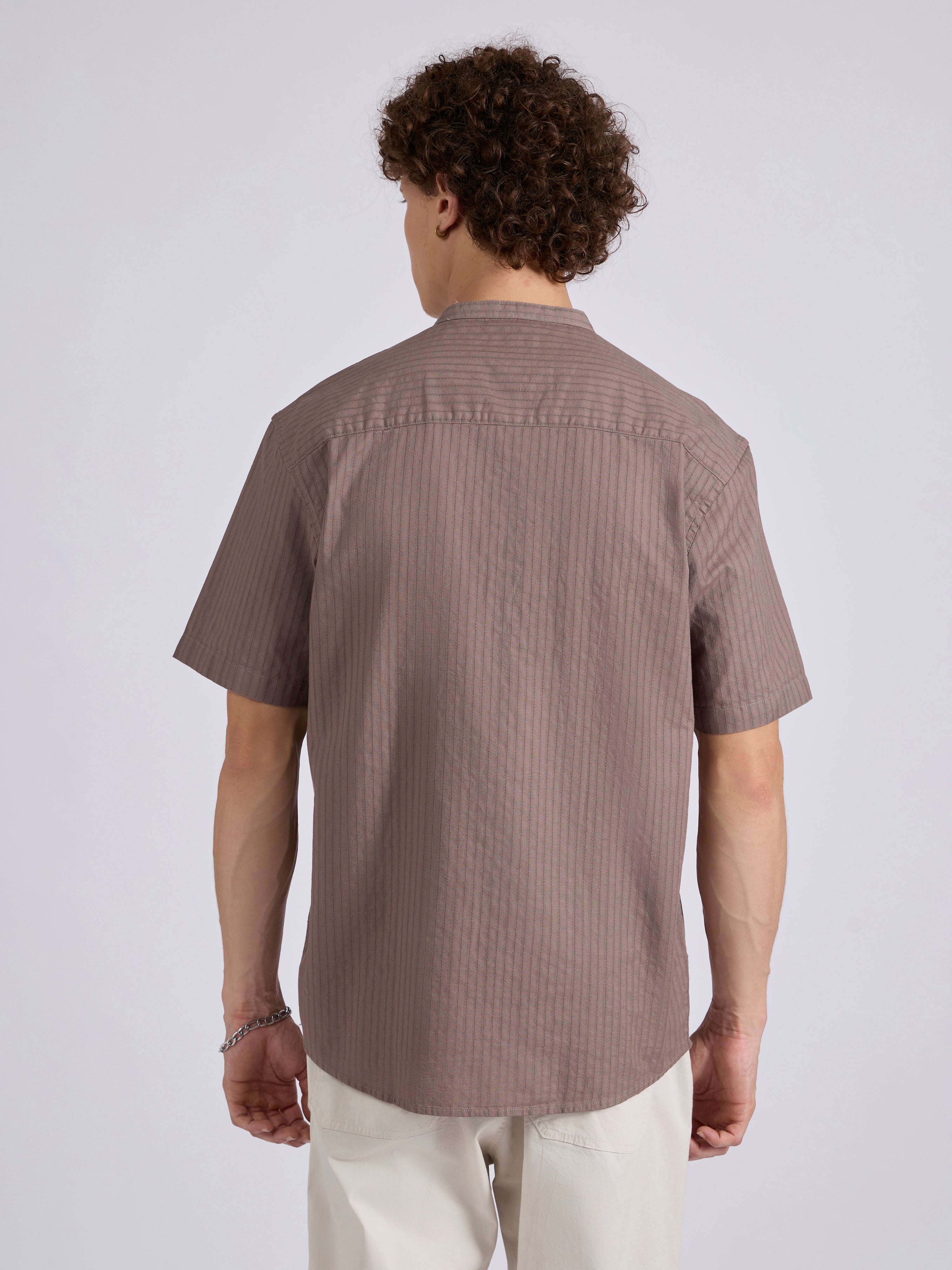 Men's Band Collar Striped Shirt - Dusty Mauve