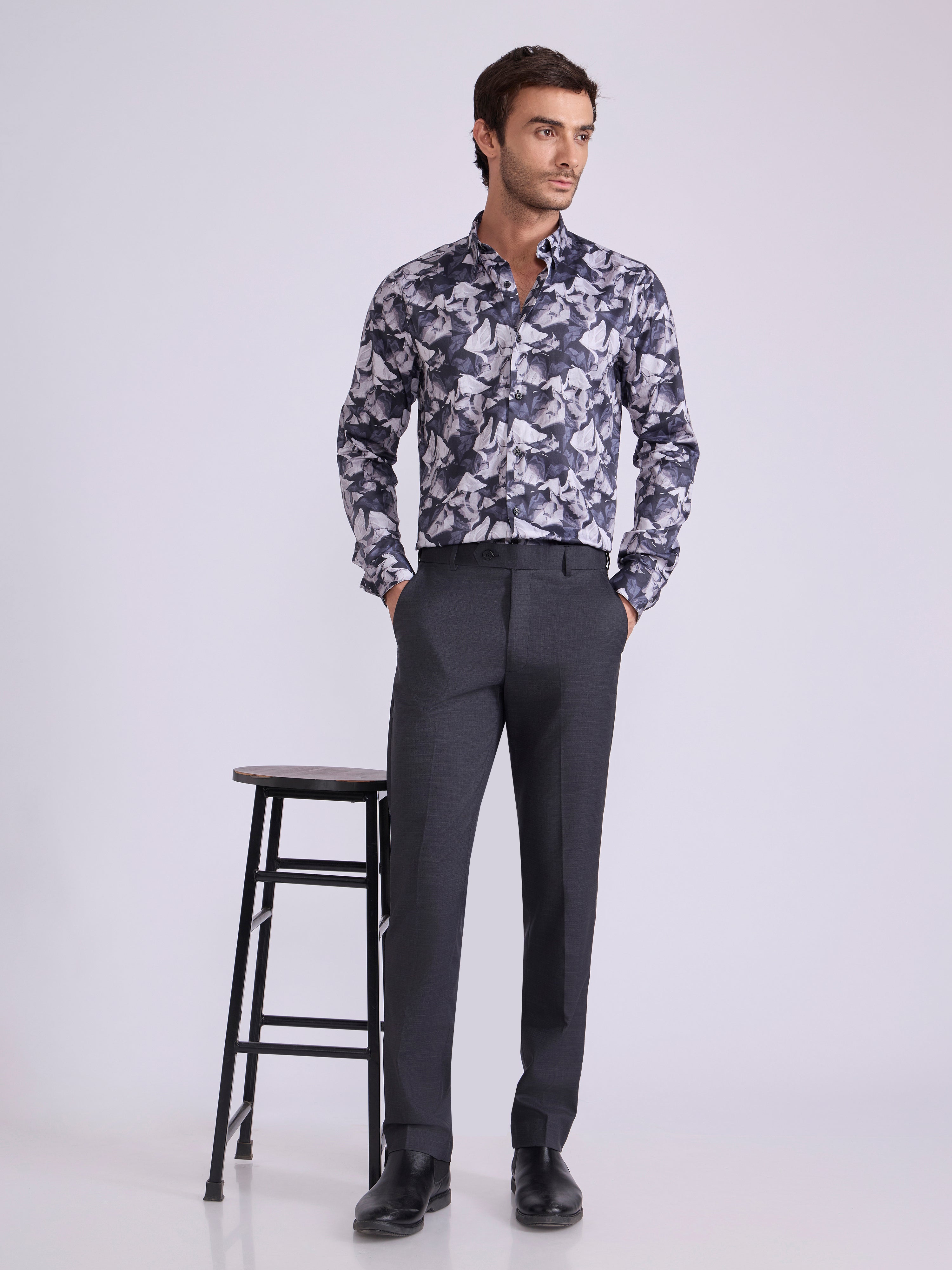 Men's  Satin Floral Printed Shirt - Steel Blue