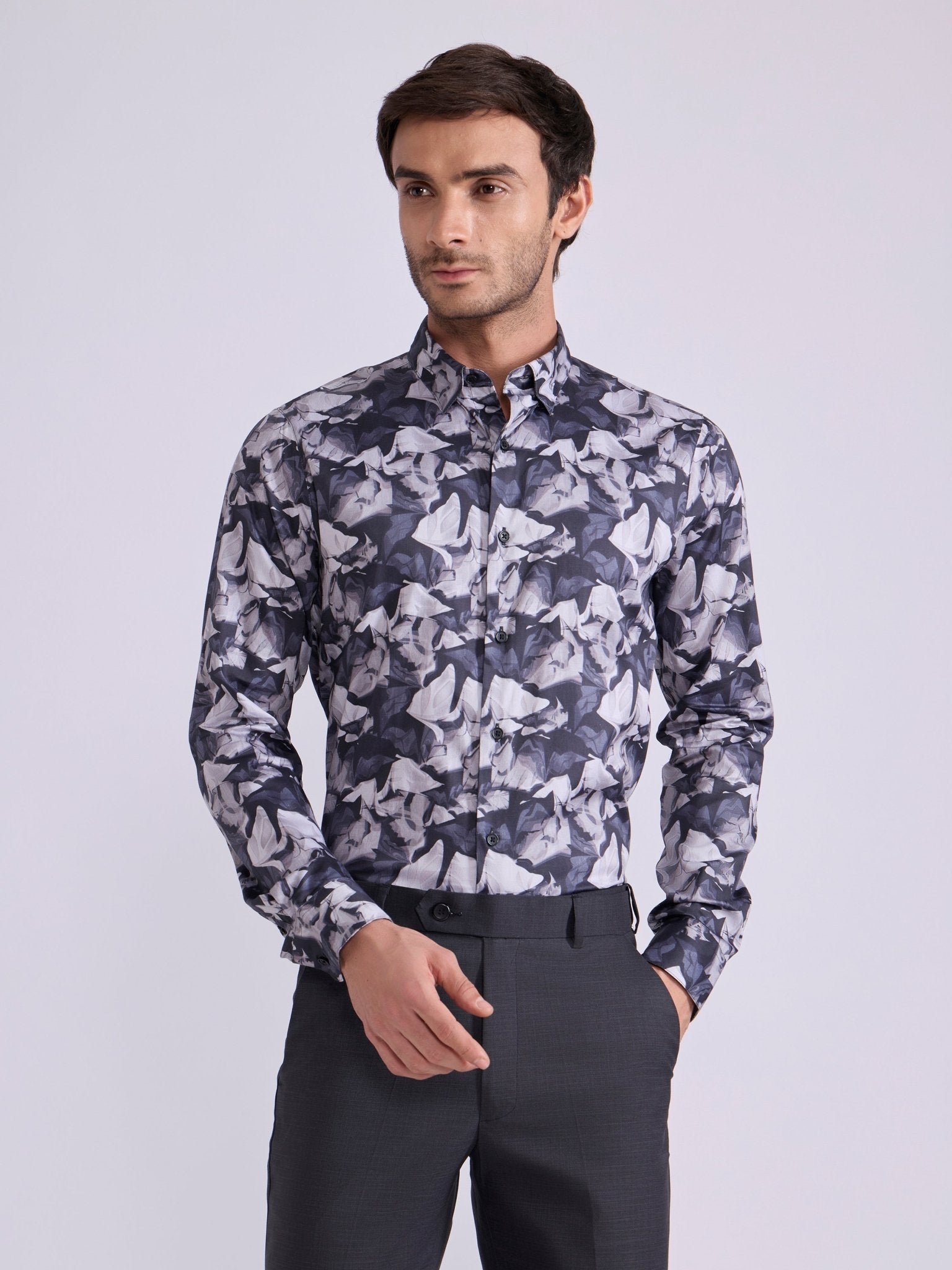 Ulfred - Satin Floral Printed Shirt - Steel Blue - Espanshe
