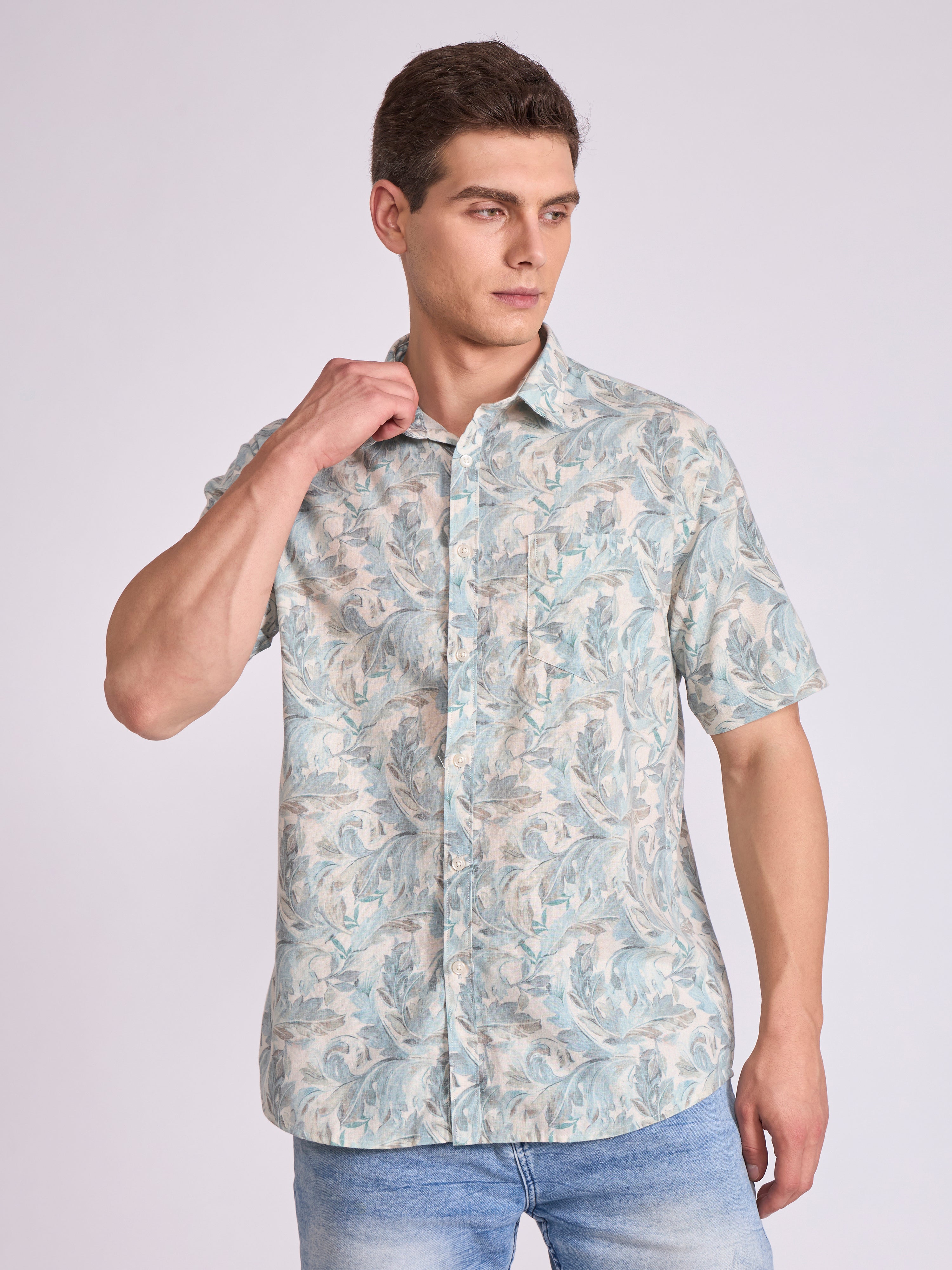 Men's Printed Half Sleeve Shirt  in light teal