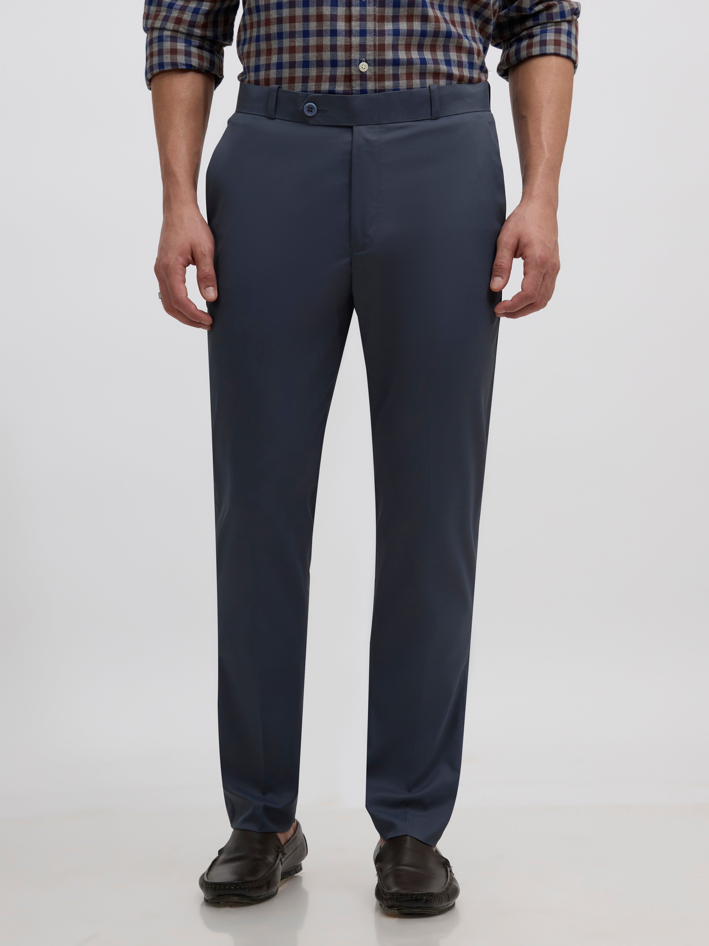 men's cement  blue skinny fit trousers blended with polyster and spandex - paired with a black top and black shoes
