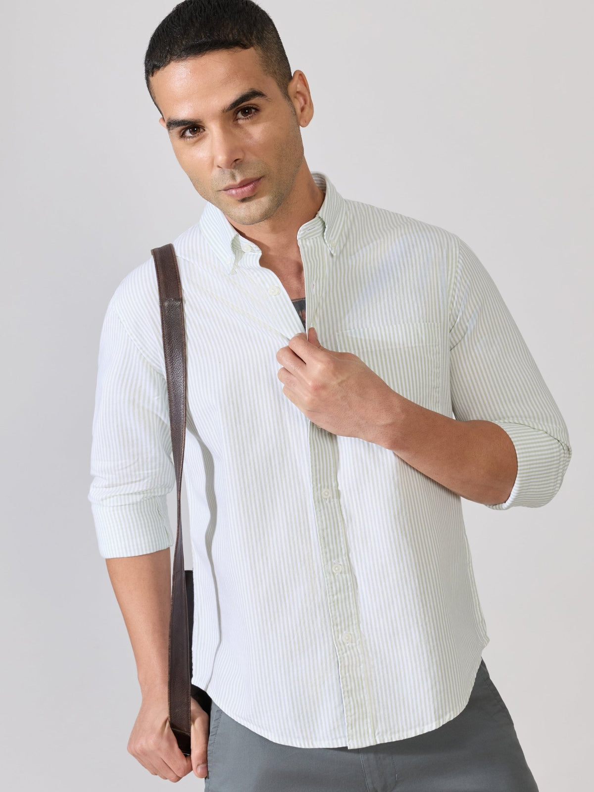 Neocut - Relaxed Striped Oxford Shirt - Light Green - Espanshe