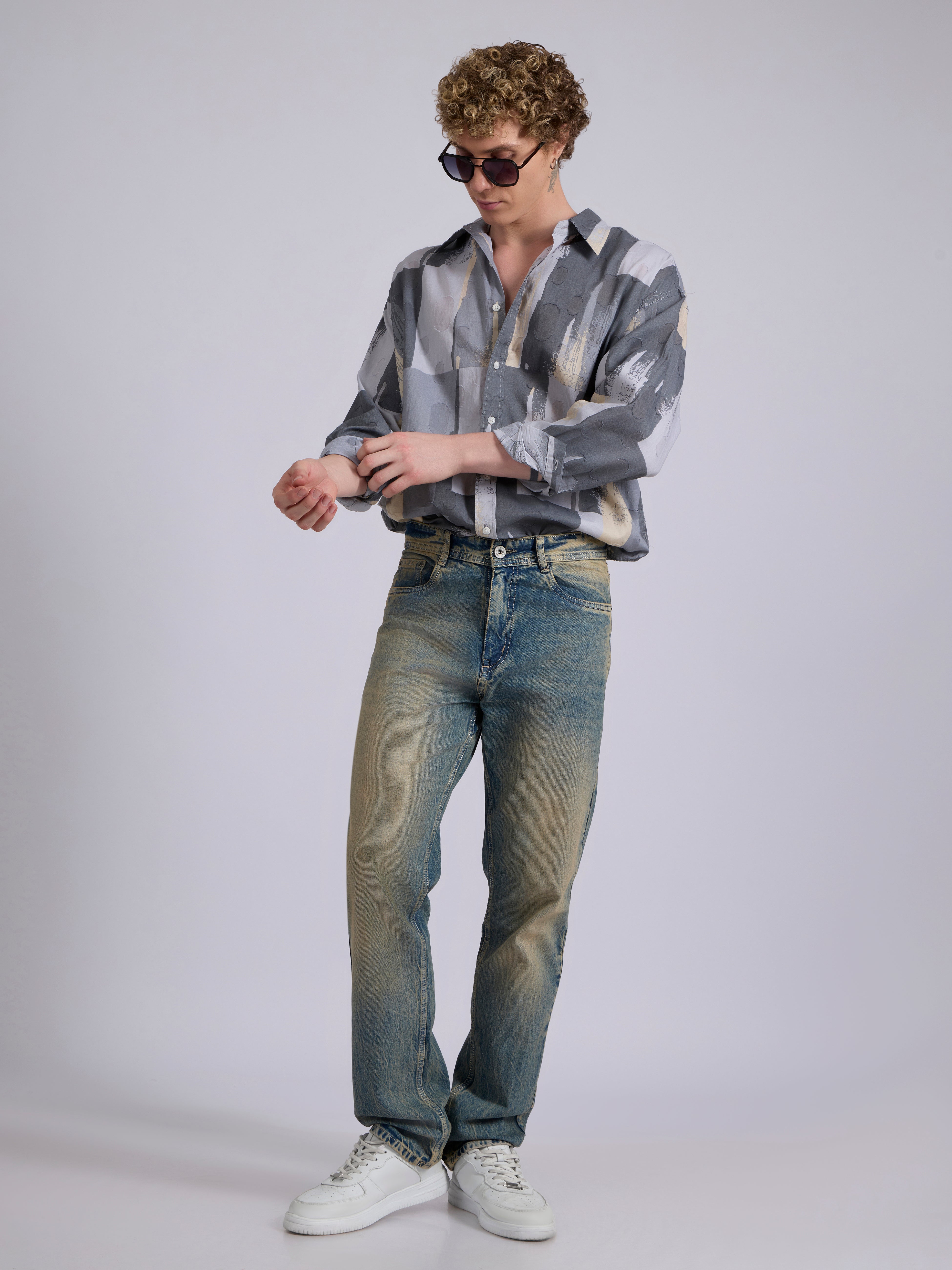 Men's Drop Shoulder Printed Shirt -  grey