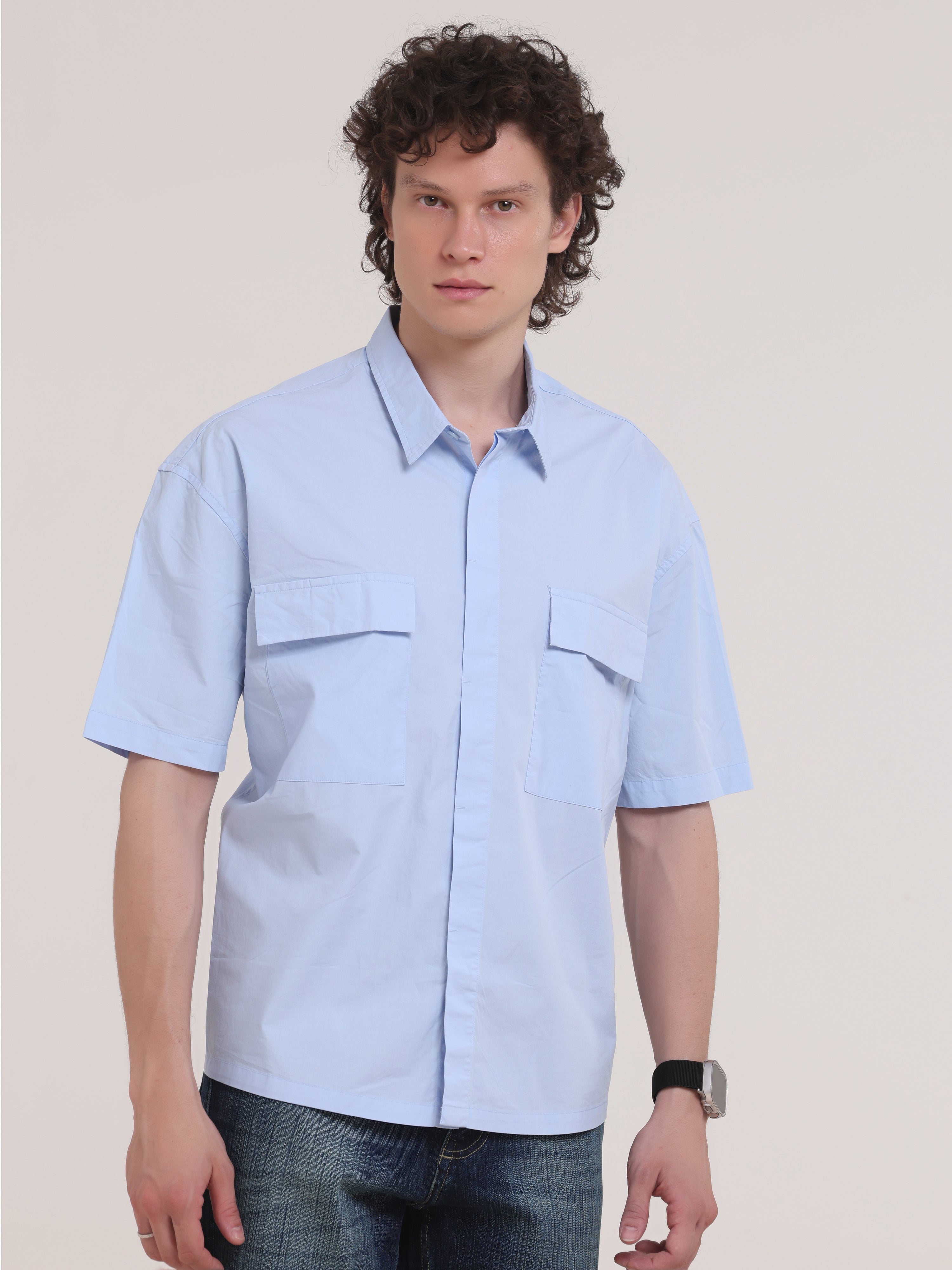 Velvo Oversized Double Pocket Half Sleeve Sleeve Shirt- Light Blue