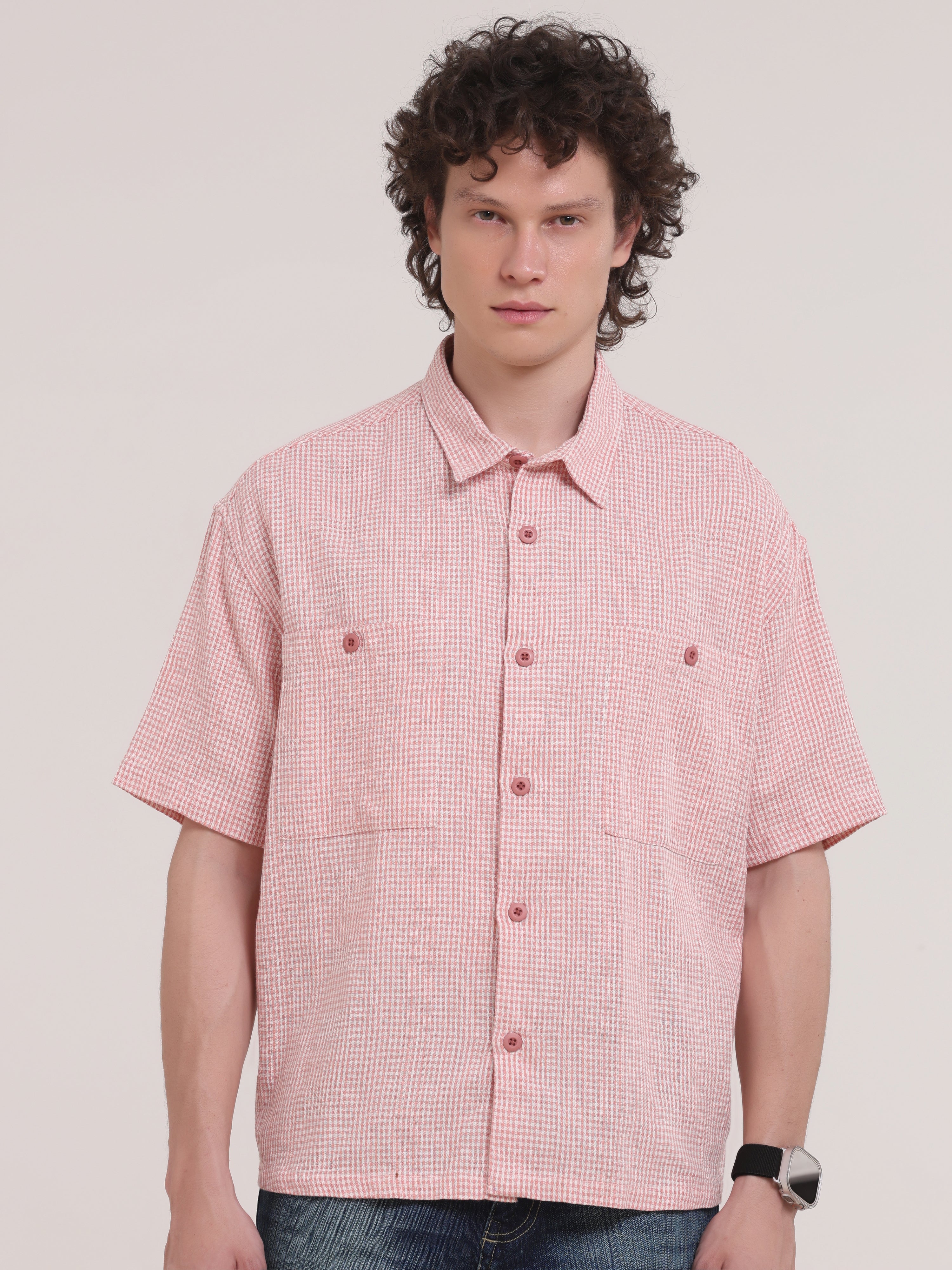 Michek Oversized Double Pocket Half Sleeve Shirt - Pink