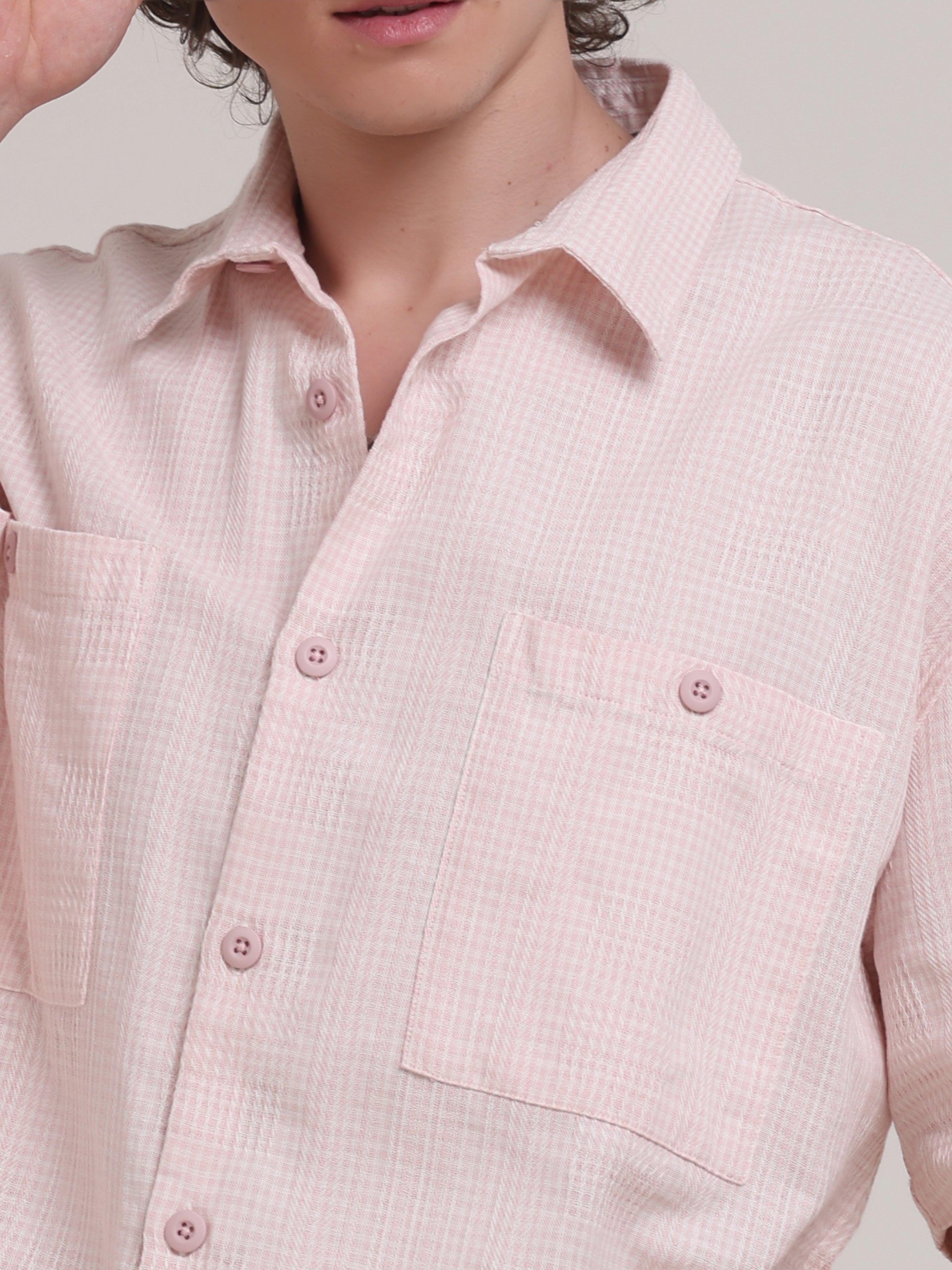Michek Oversized Double Pocket Half Sleeve Shirt- Light Pink