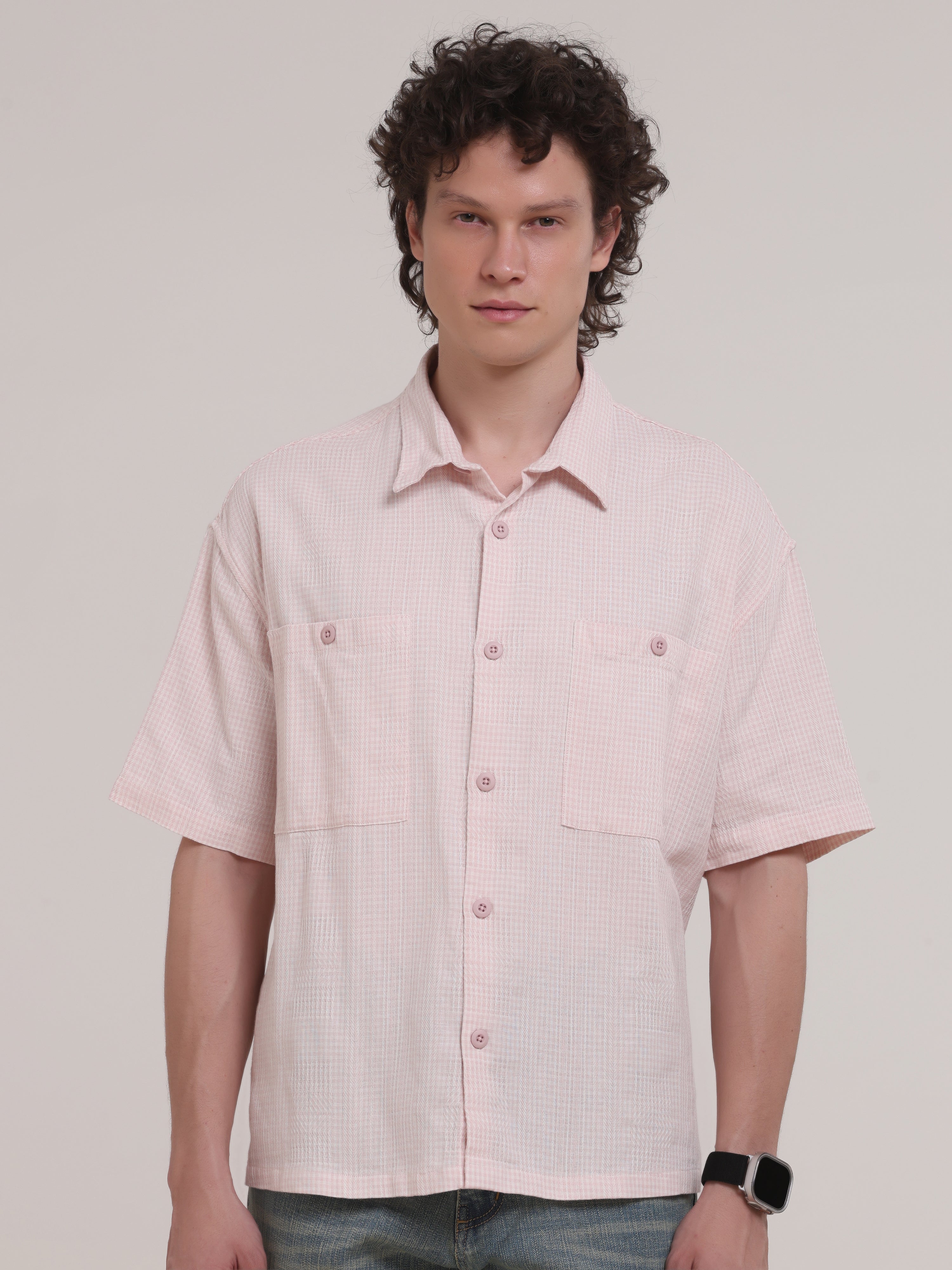 Michek Oversized Double Pocket Half Sleeve Shirt- Light Pink