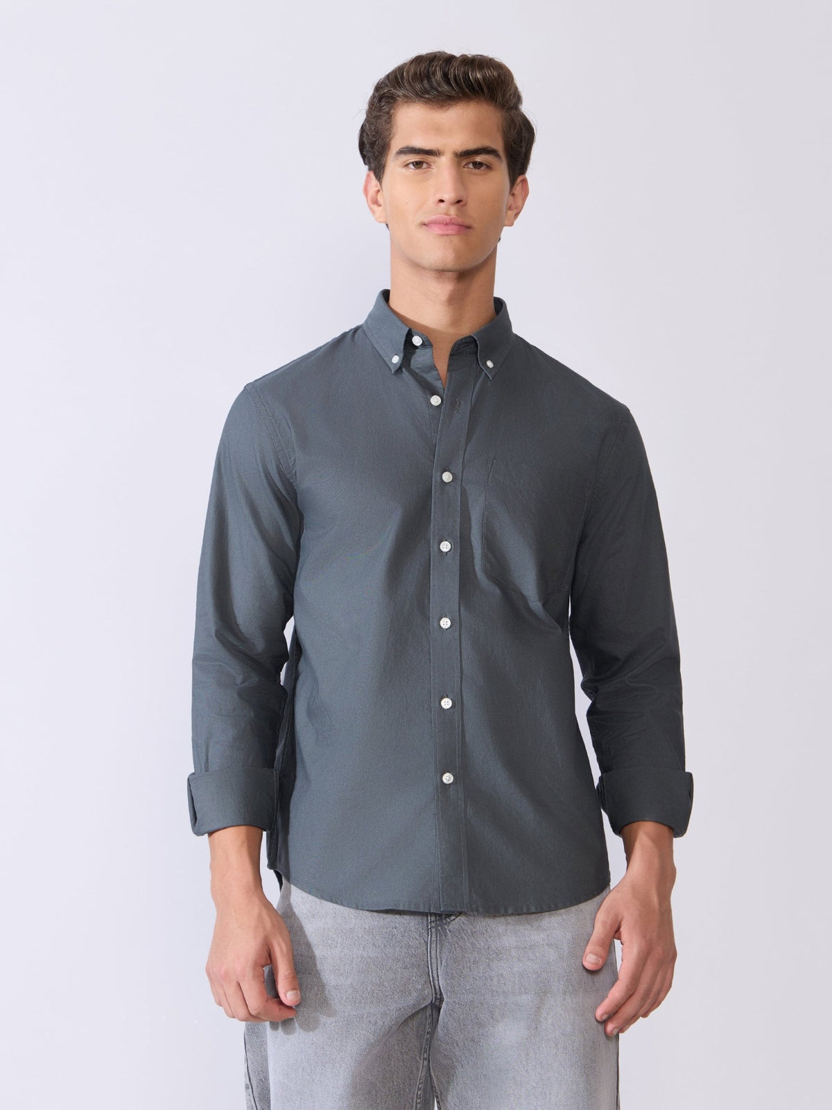 Orbit - Relaxed Fit Oxford Shirt With Elbow Patch - Cement Grey - Espanshe