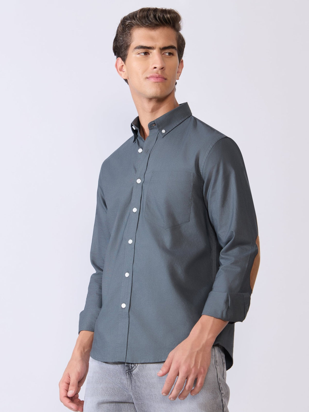 Orbit - Relaxed Fit Oxford Shirt With Elbow Patch - Cement Grey - Espanshe