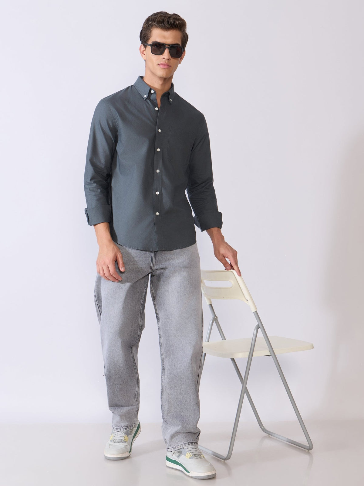 Orbit - Relaxed Fit Oxford Shirt With Elbow Patch - Cement Grey - Espanshe