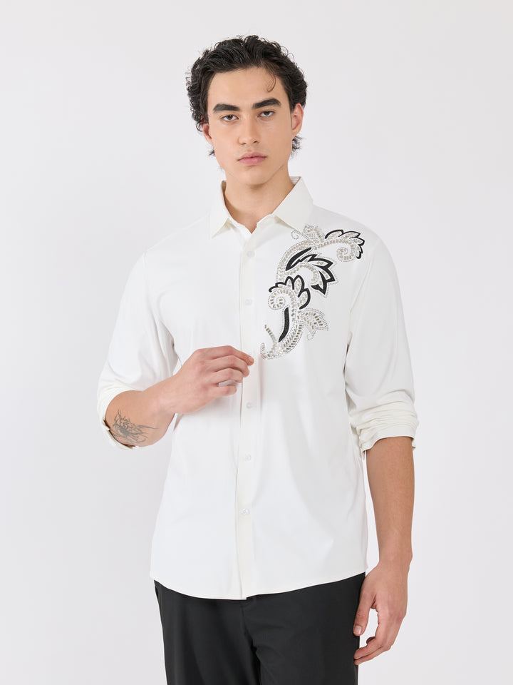 men's  shirt - Ornate Mosaic Embellished with stone- White
