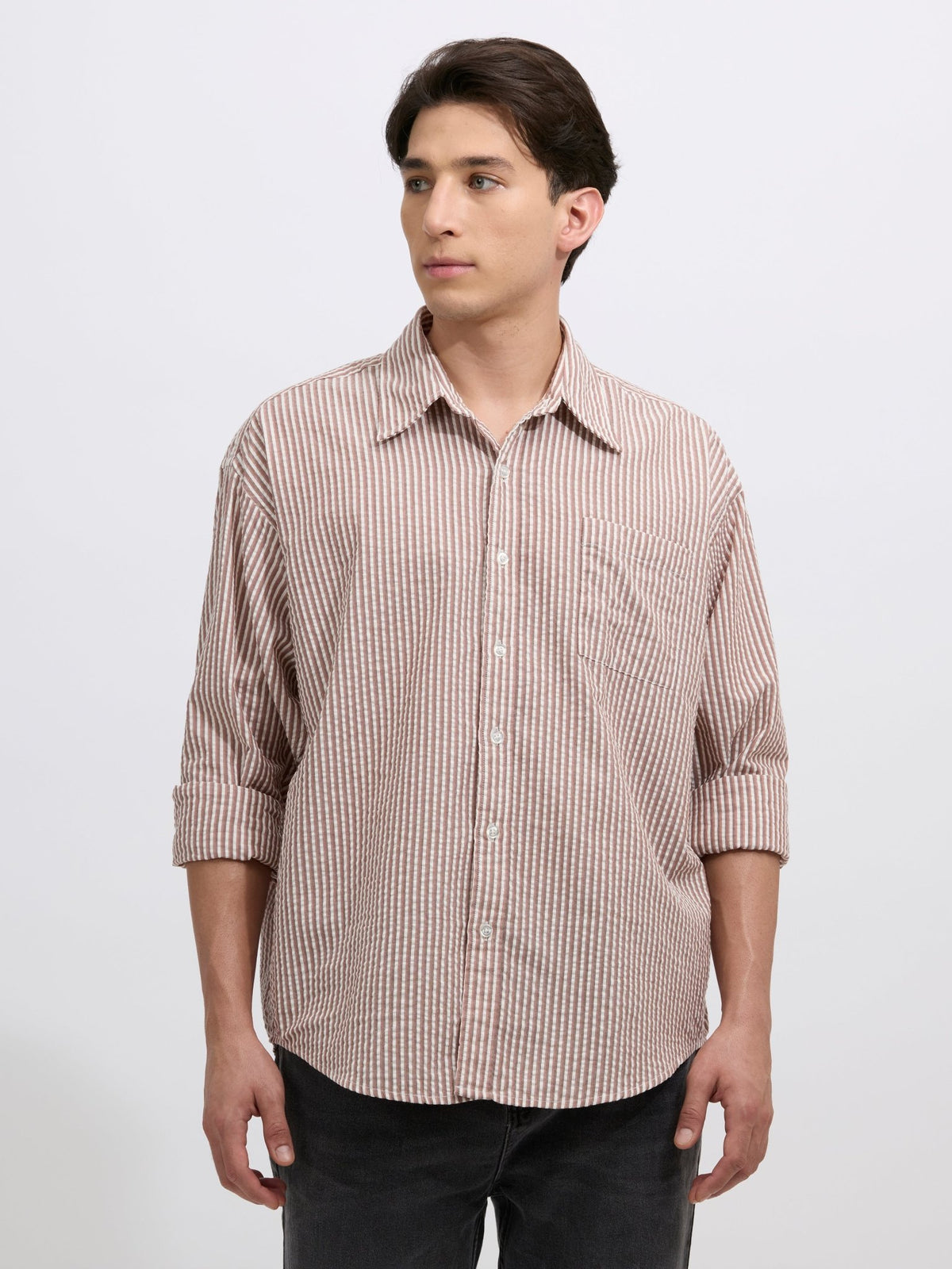Cullen - Casual Striped Shirt - Light Brown - Espanshe