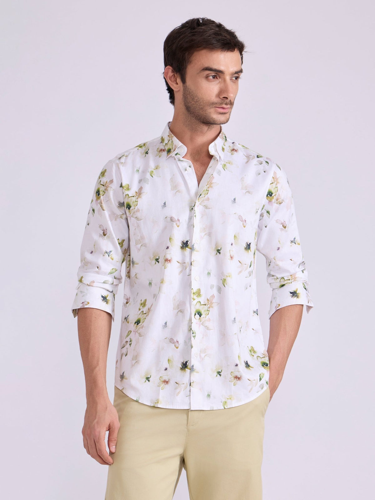 Ulfred - Satin Floral Printed Shirt - Light Olive Green - Espanshe