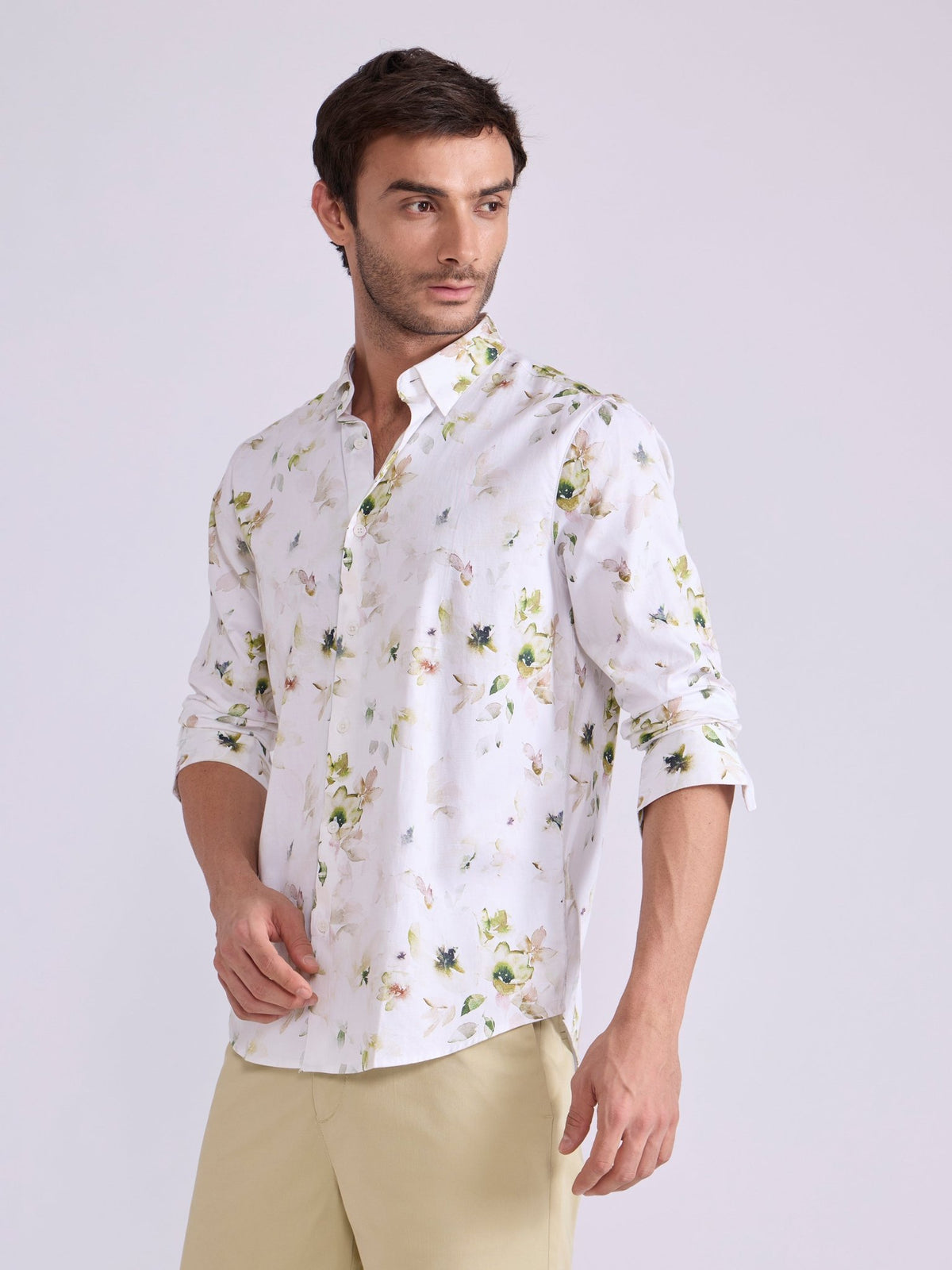 Ulfred - Satin Floral Printed Shirt - Light Olive Green - Espanshe