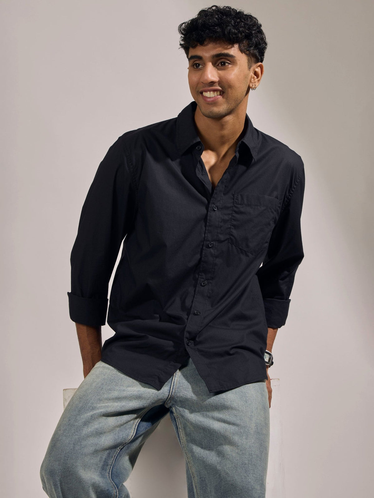 Eluded - Regular Fit Full Sleeve Poplin Shirt - Black - Espanshe