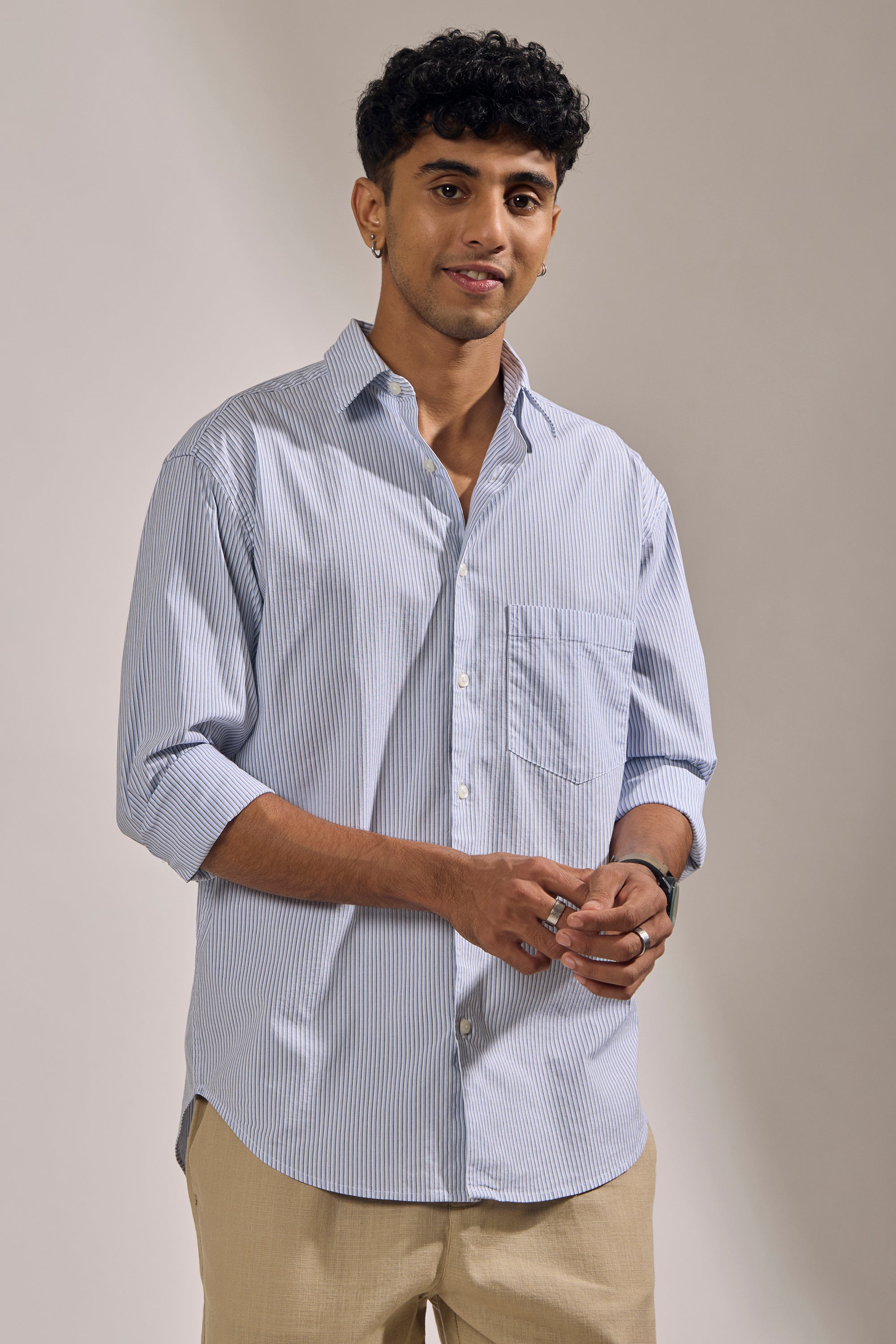 men's oversized olive blue  stripped shirt with full sleeve and chest pocket made from 100% cotton.
pure cotton shirts for men
oversized shirts for men