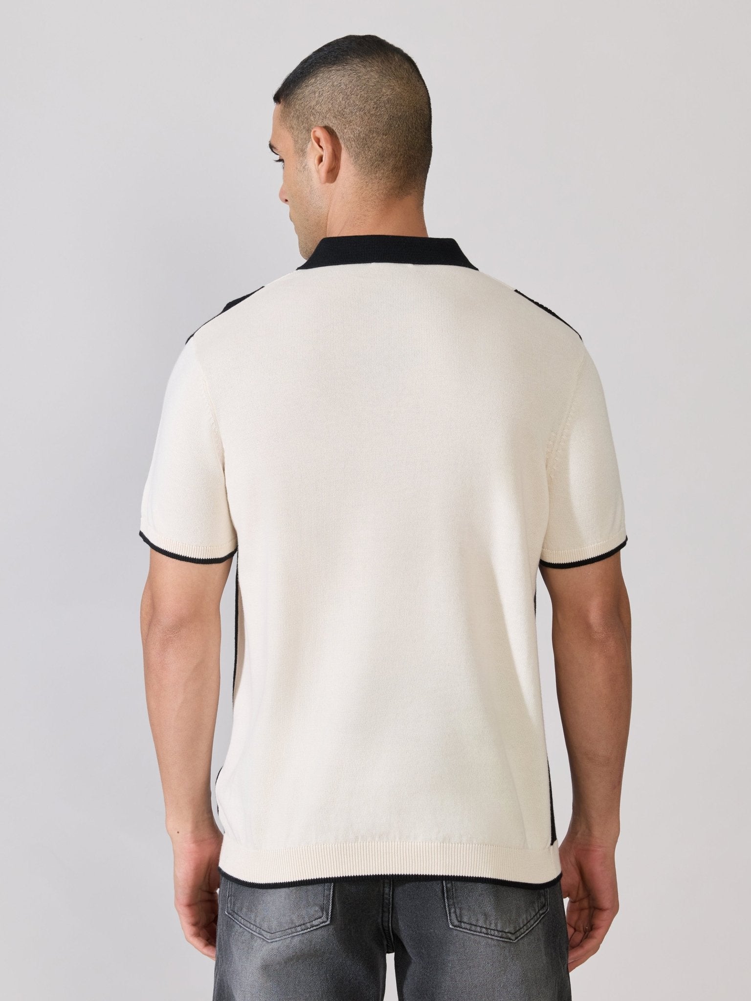 Kikeos-1 - Regular Fit Textured Knit Polo T-Shirt - Cream & Black - Espanshe