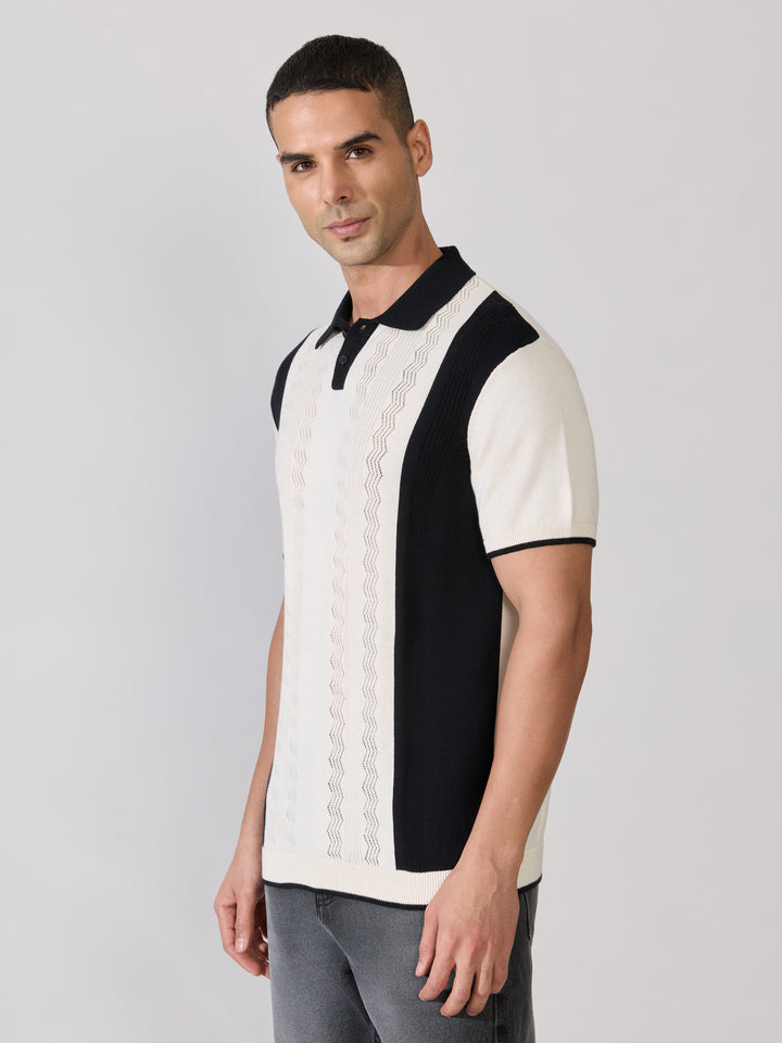 Men's Regular Fit Textured Knit Polo T-Shirt - Cream & Black