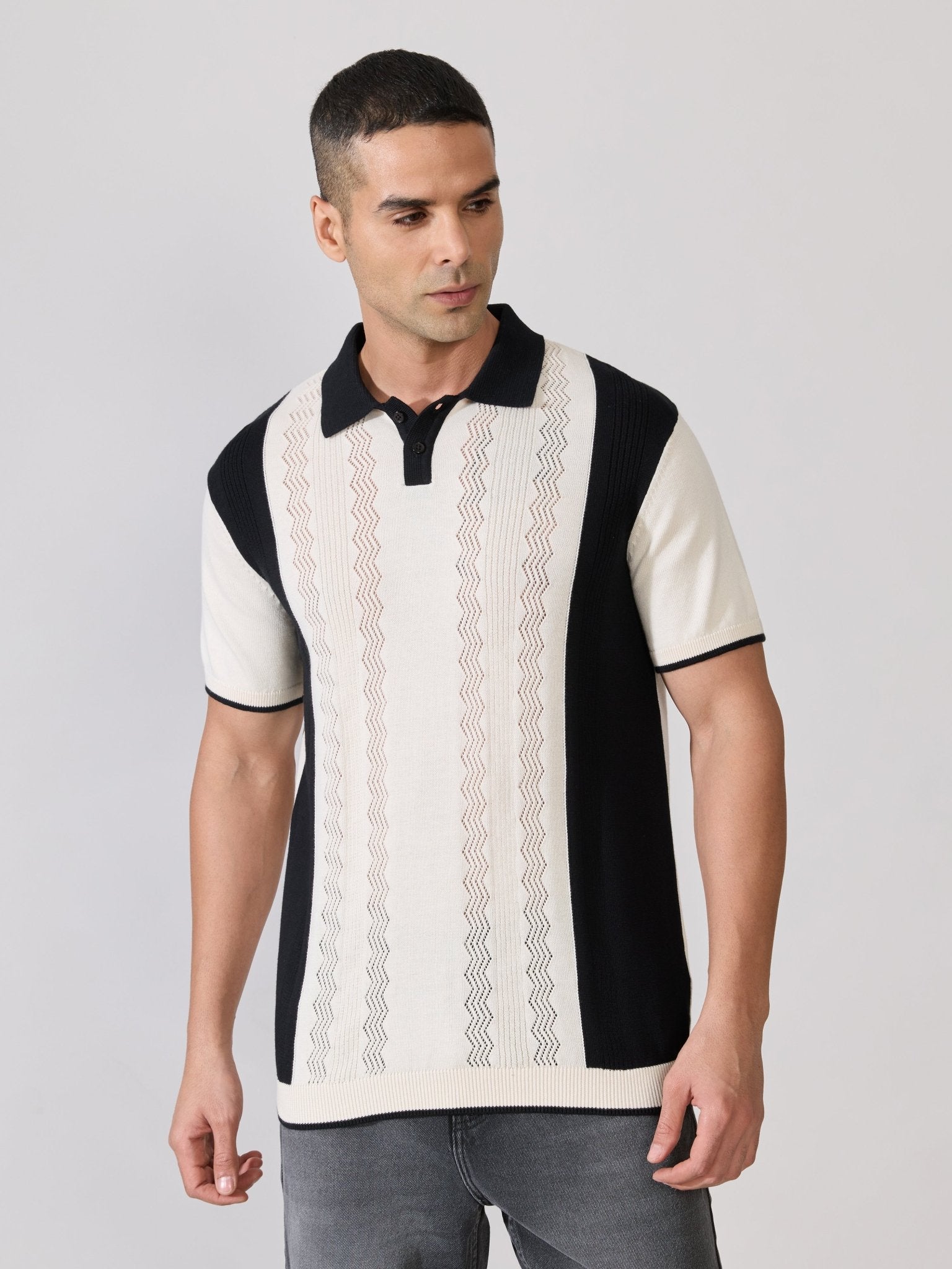 Kikeos-1 - Regular Fit Textured Knit Polo T-Shirt - Cream & Black - Espanshe
