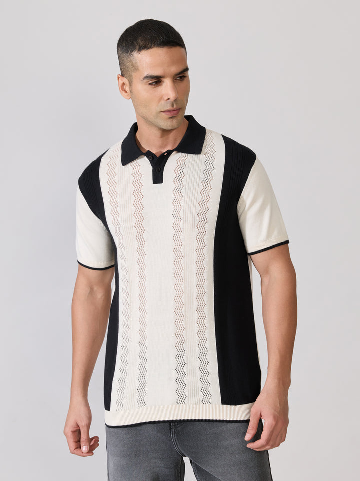 Men's Regular Fit Textured Knit Polo T-Shirt - Cream & Black
