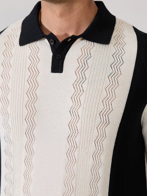 Men's Regular Fit Textured Knit Polo T-Shirt - Cream & Black