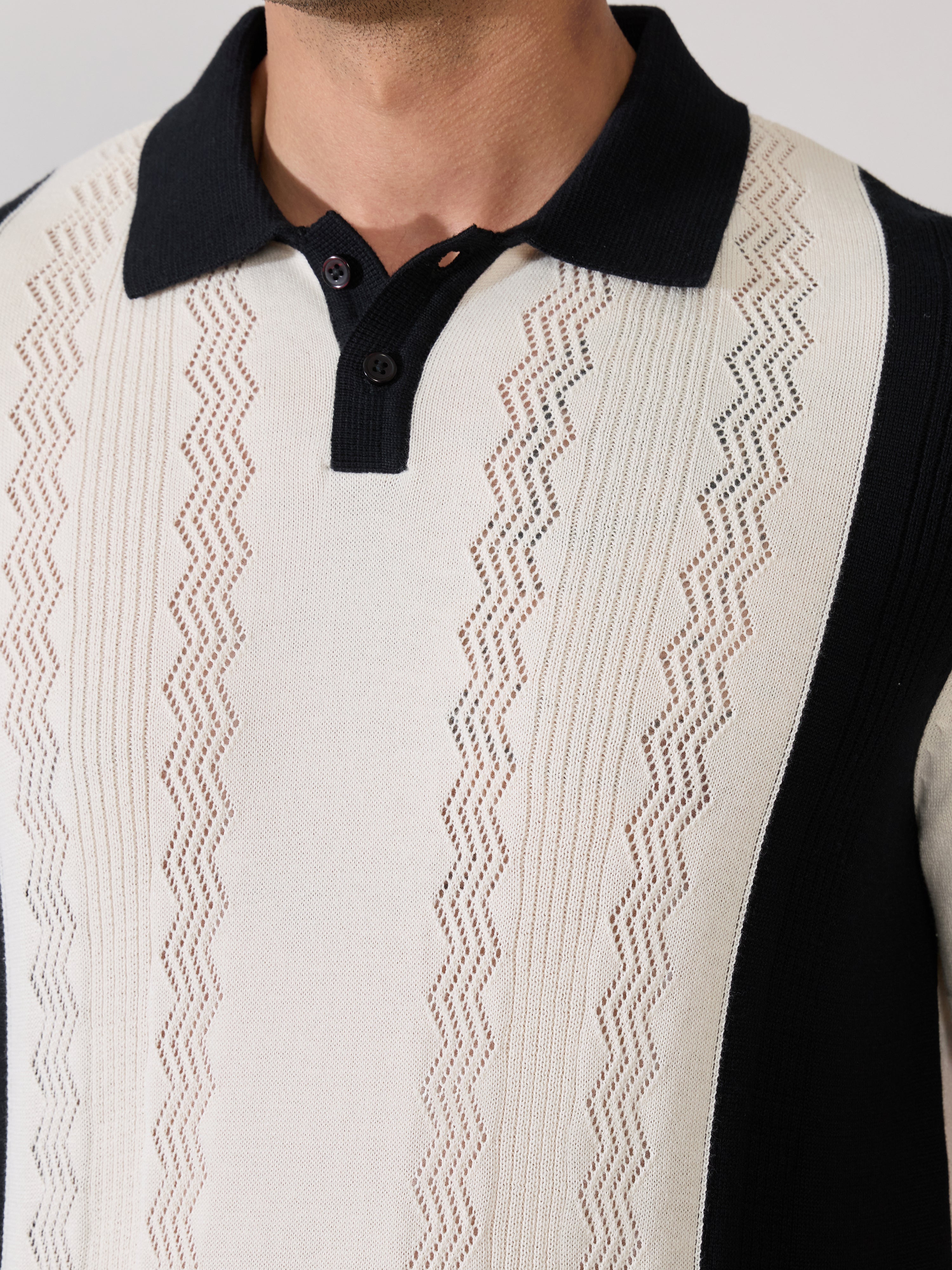 Men's Regular Fit Textured Knit Polo T-Shirt - Cream & Black