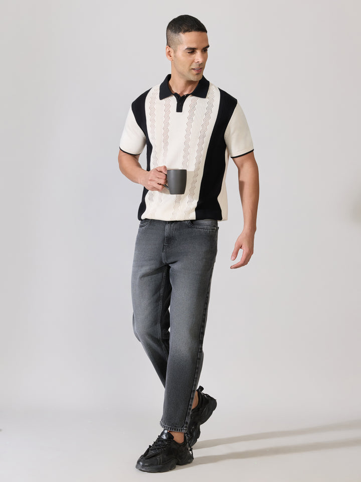Men's Regular Fit Textured Knit Polo T-Shirt - Cream & Black