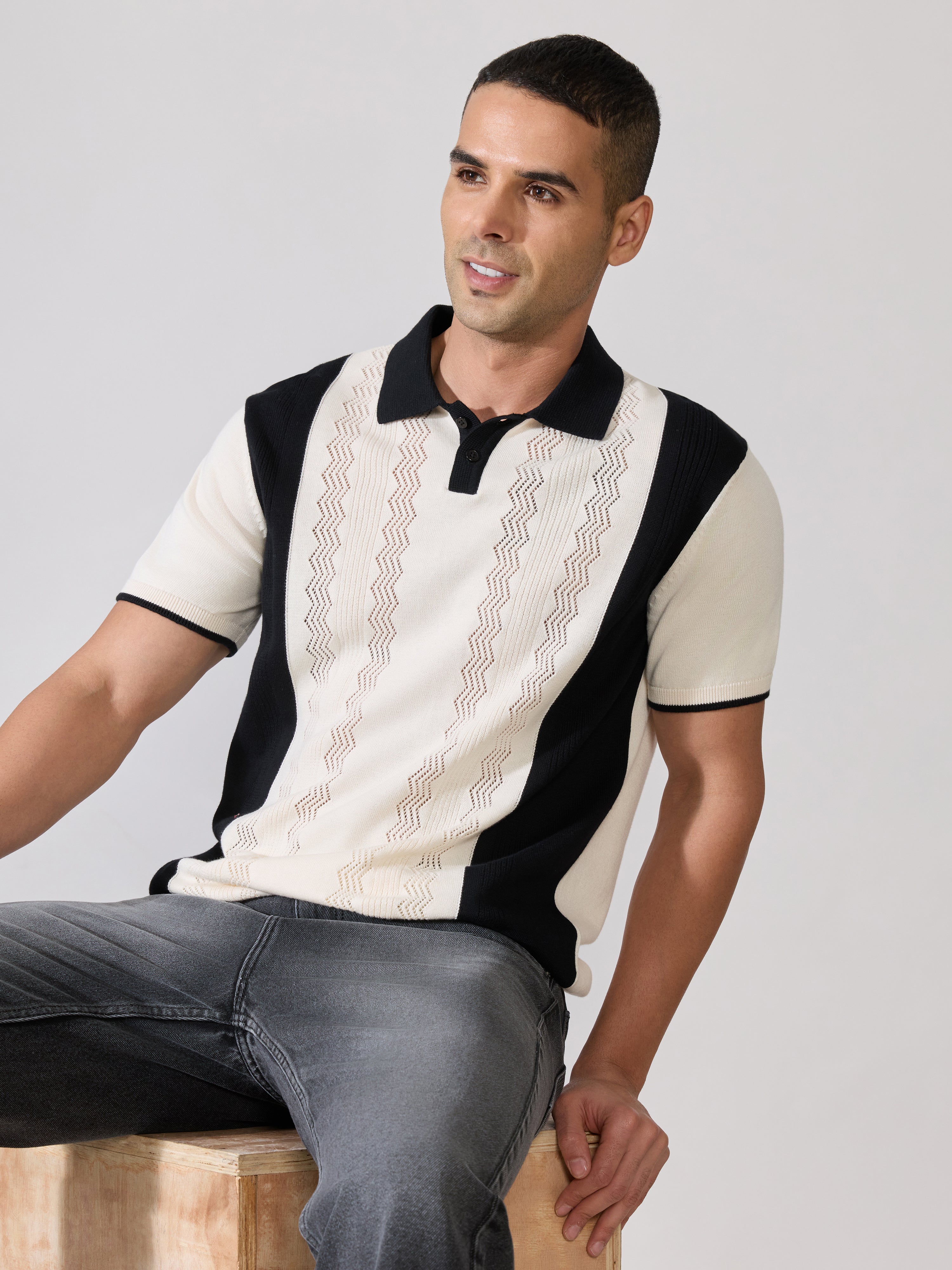 Men's Regular Fit Textured Knit Polo T-Shirt - Cream & Black