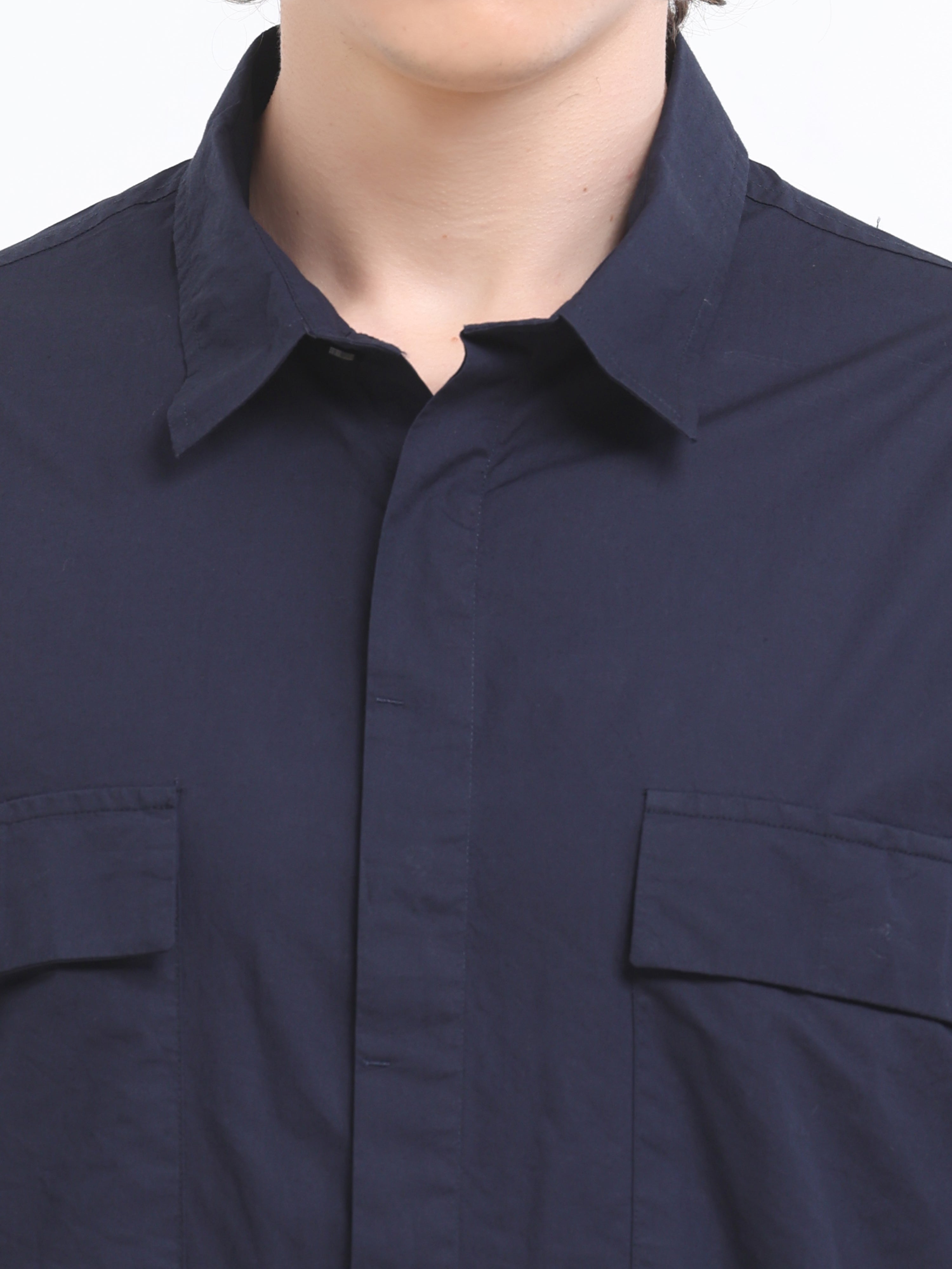 Velvo Oversized Double Pocket Half Sleeve Sleeve Shirt- Navy Blue