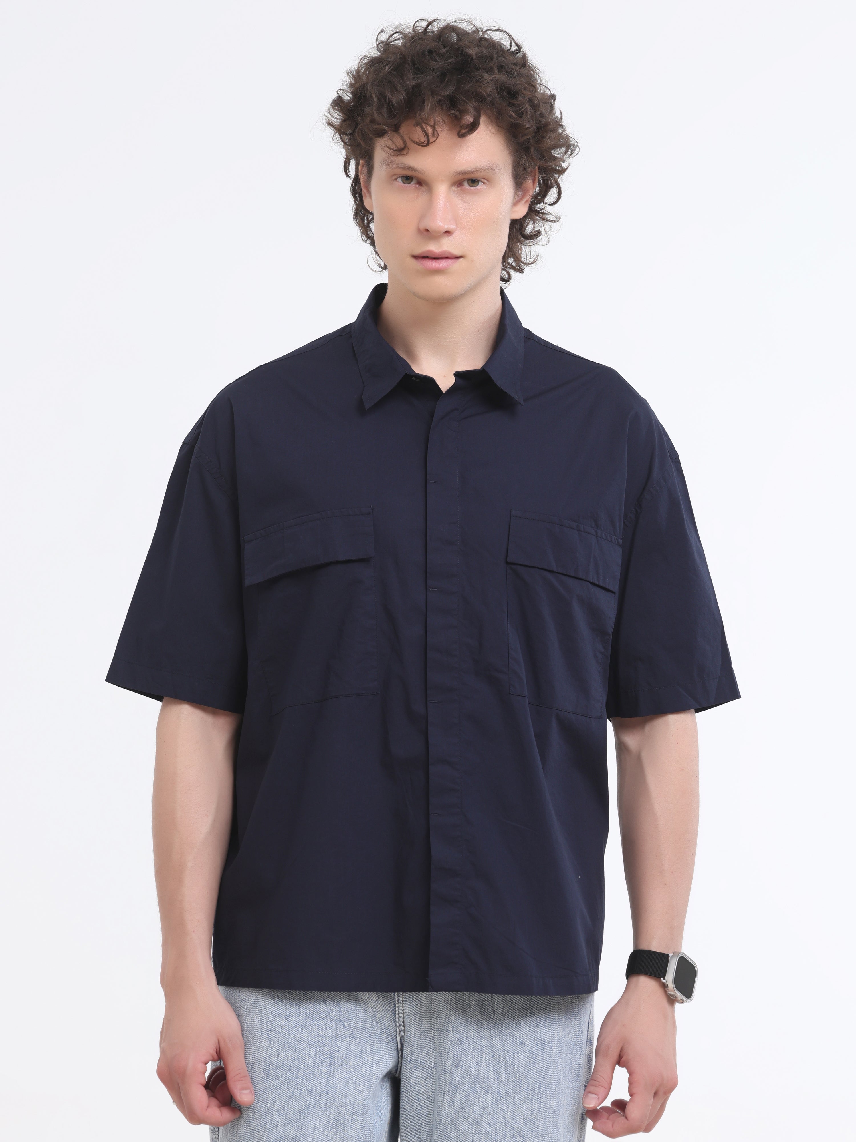 Velvo Oversized Double Pocket Half Sleeve Sleeve Shirt- Navy Blue