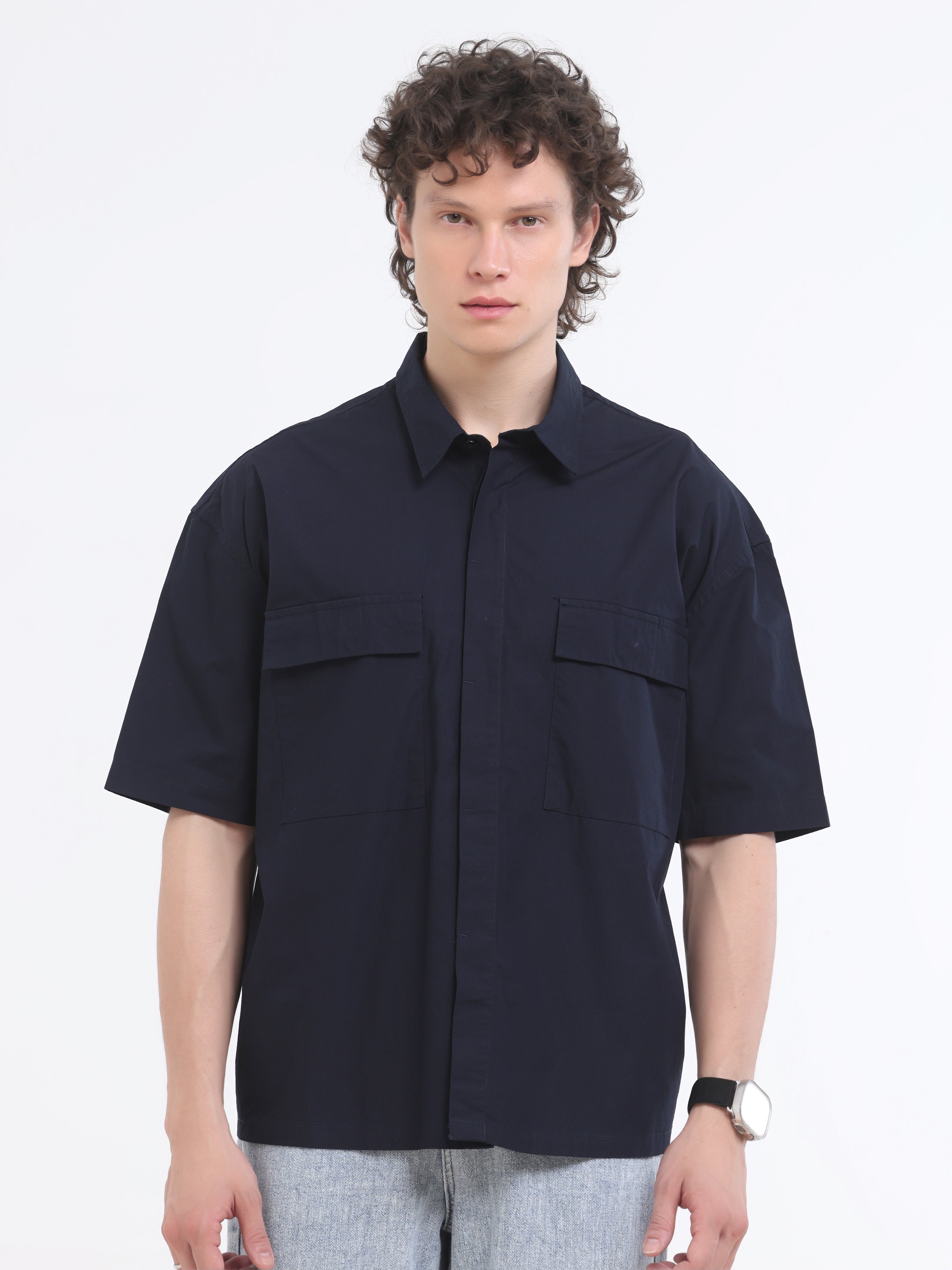 Velvo Oversized Double Pocket Half Sleeve Sleeve Shirt- Dark Blue