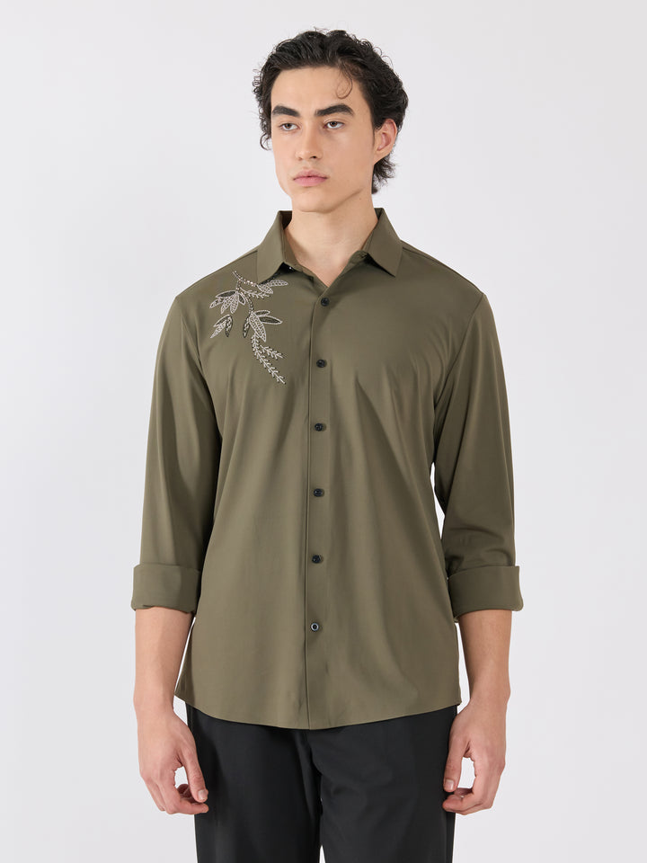 men's shirt -leaf design Embellished with stone in olive